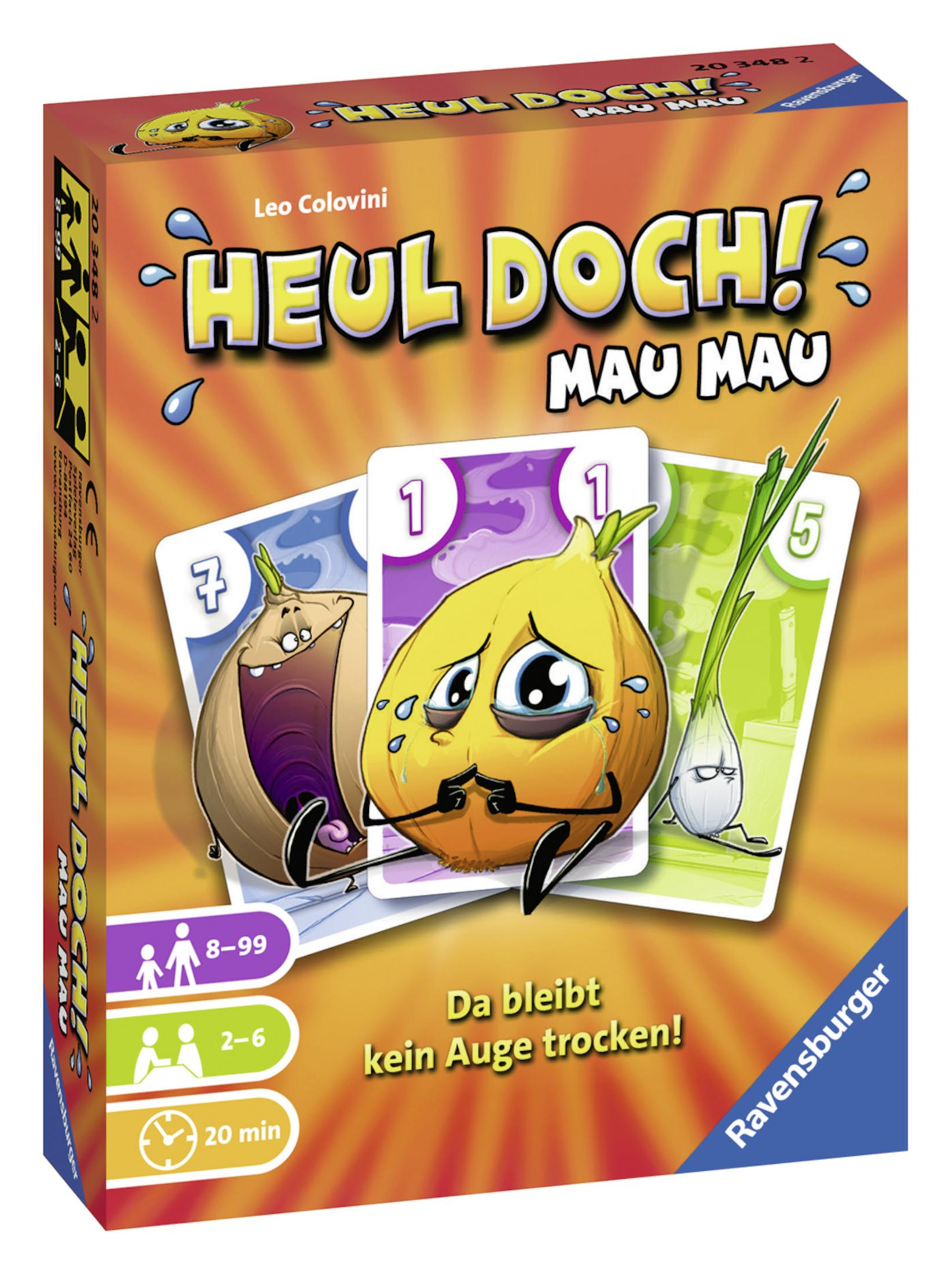 Brettspielbox mit Cartoon-Zwiebeln und Text, auf orange-rotem Hintergrund.