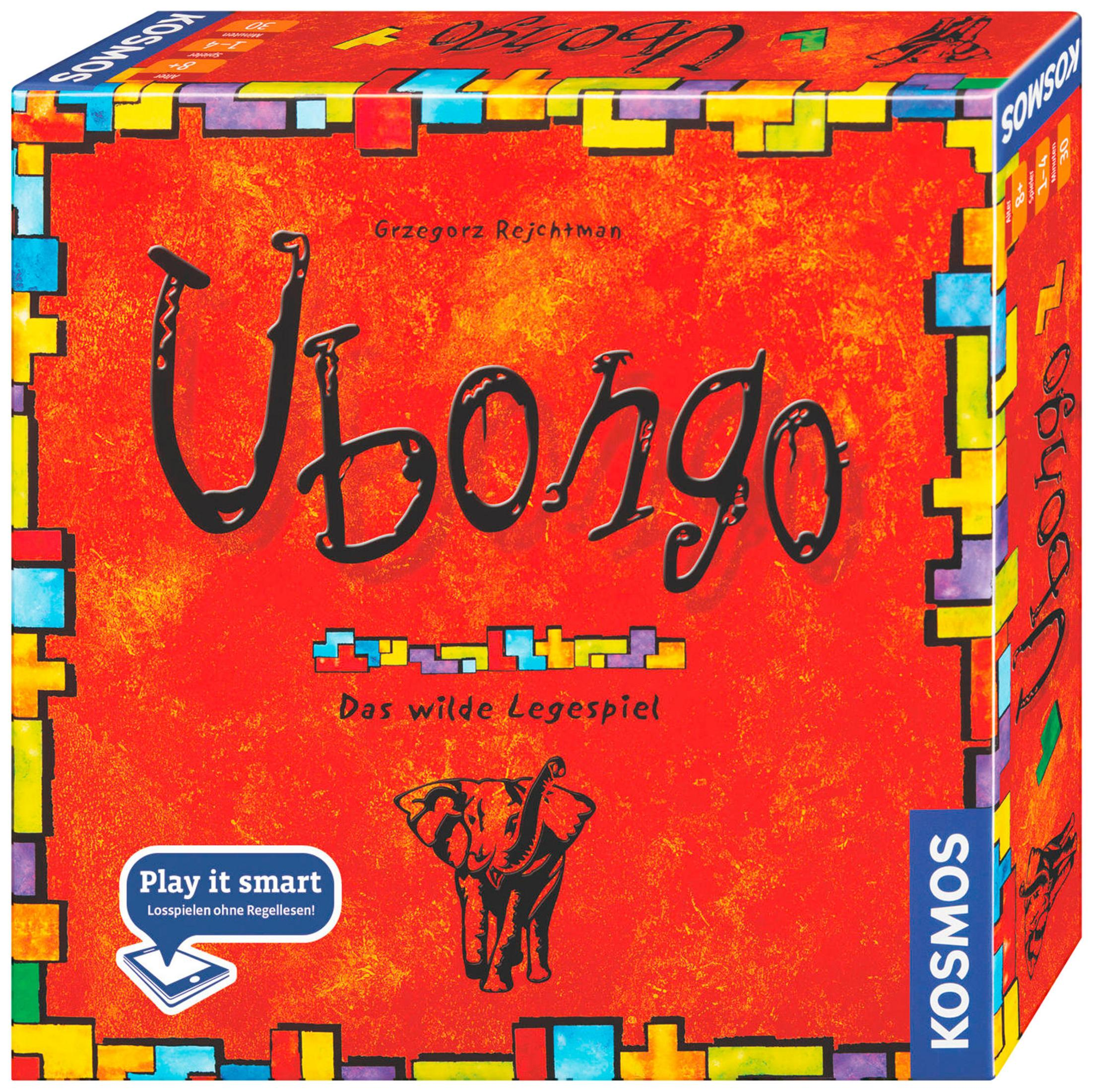 Ubongo-Spielbox: roter Hintergrund mit einem Elefanten und dem Spieletitel.