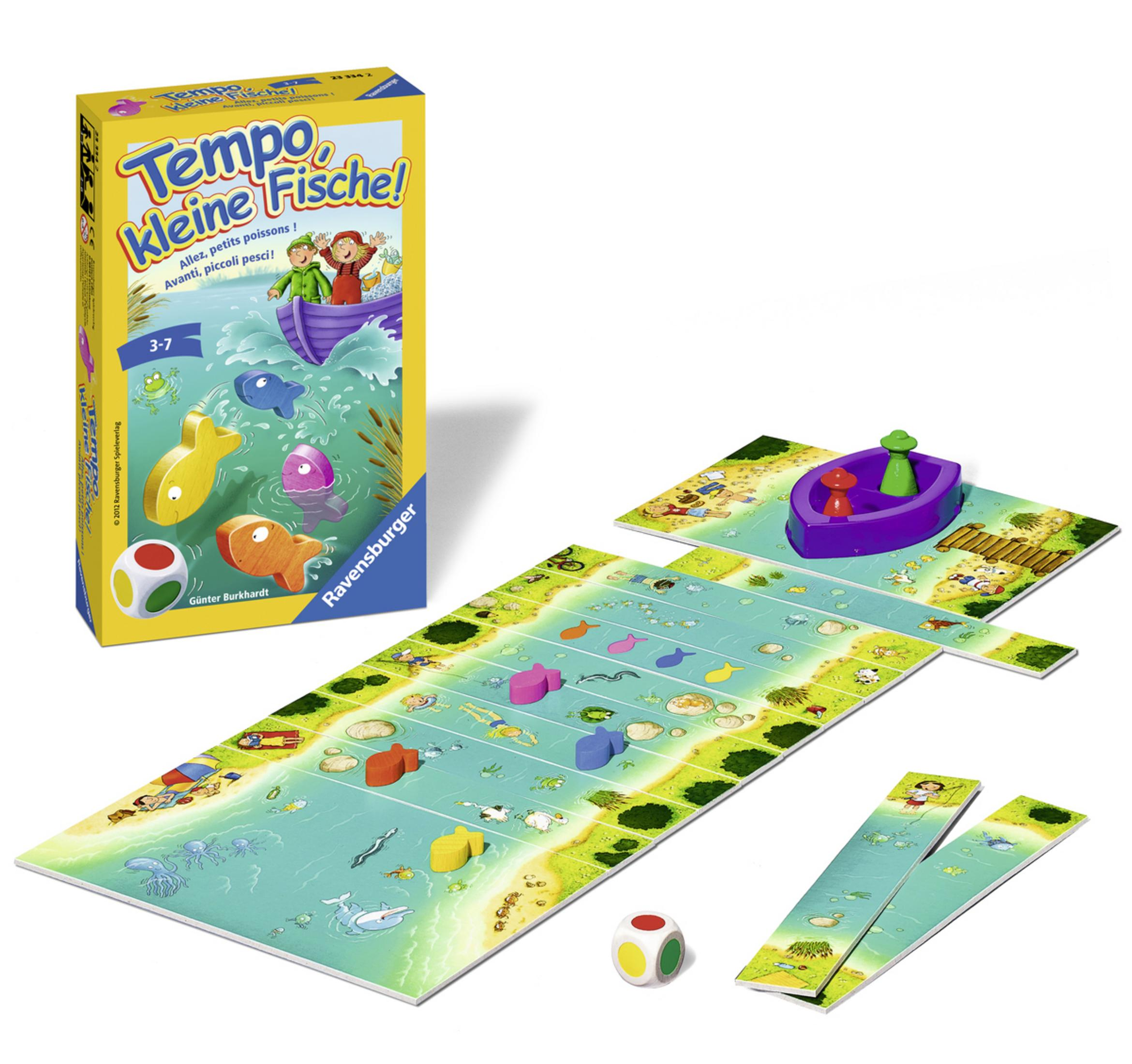 Gioco da tavolo 'Tempo Kleine Fische!' con tabellone, dadi e pedine, su sfondo bianco.