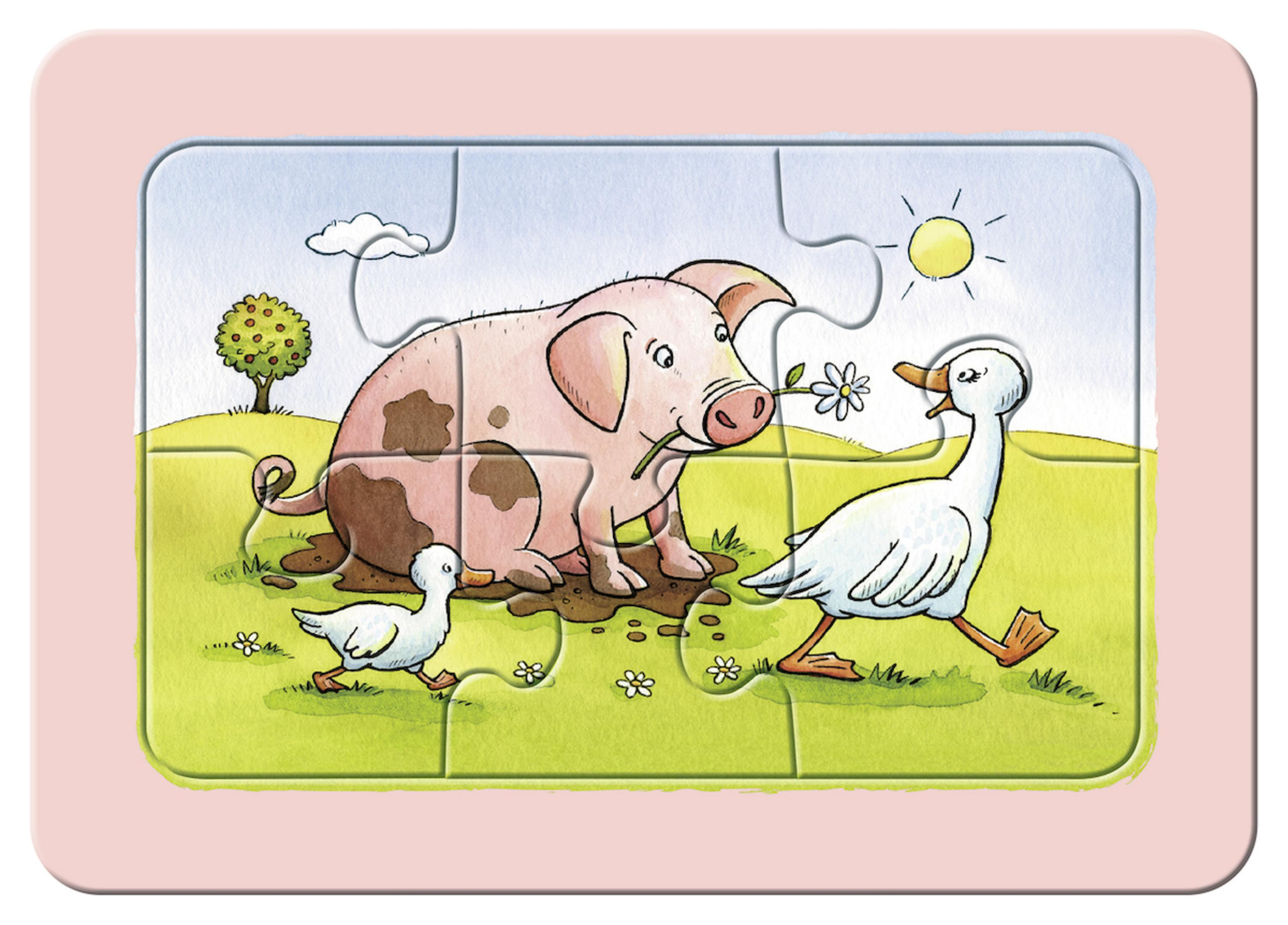 Puzzle: maiale con margherita, anatra e anatroccoli, su un campo verde con bordo rosa.