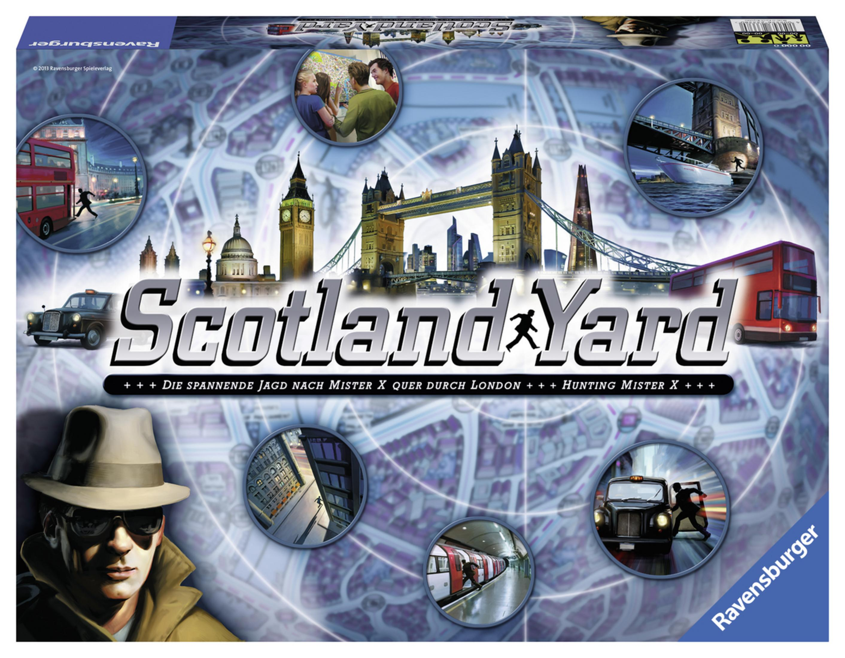 Boîte de jeu de société Scotland Yard. Illustrations de monuments et de personnes de Londres. Titre du jeu visible.