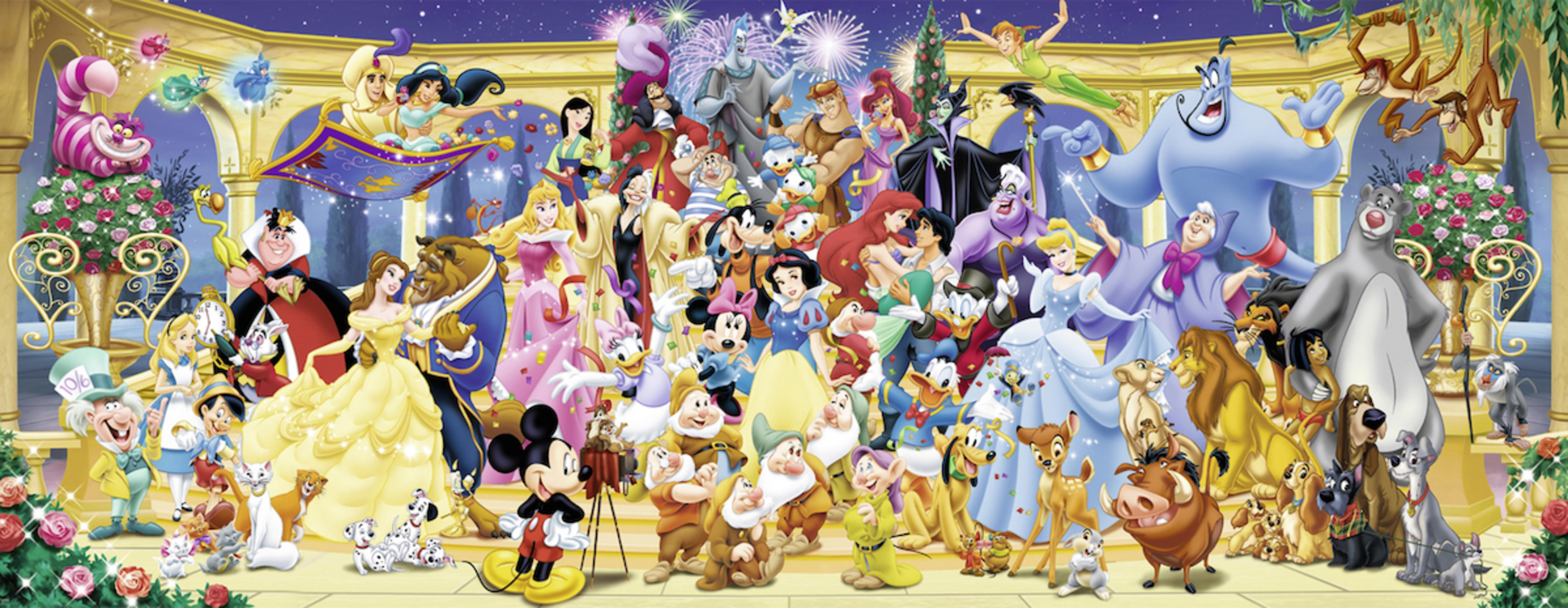 Eine Collage von Disney-Figuren, darunter Mickey Mouse, Donald Duck und verschiedene Prinzessinnen.