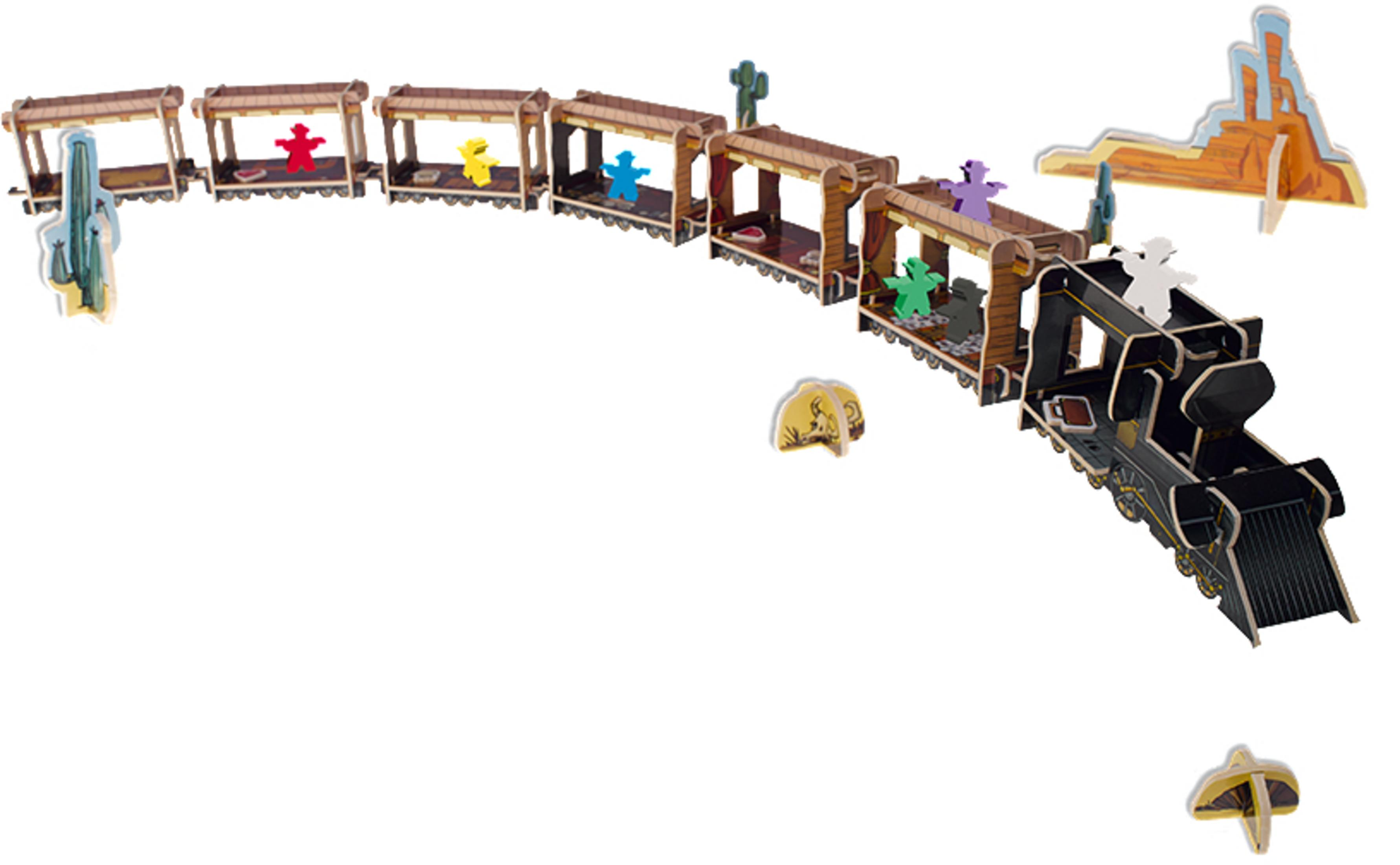 Holzeisenbahn-Spielset mit bunten Figuren, Wüstenlandschaft und einem Zug.