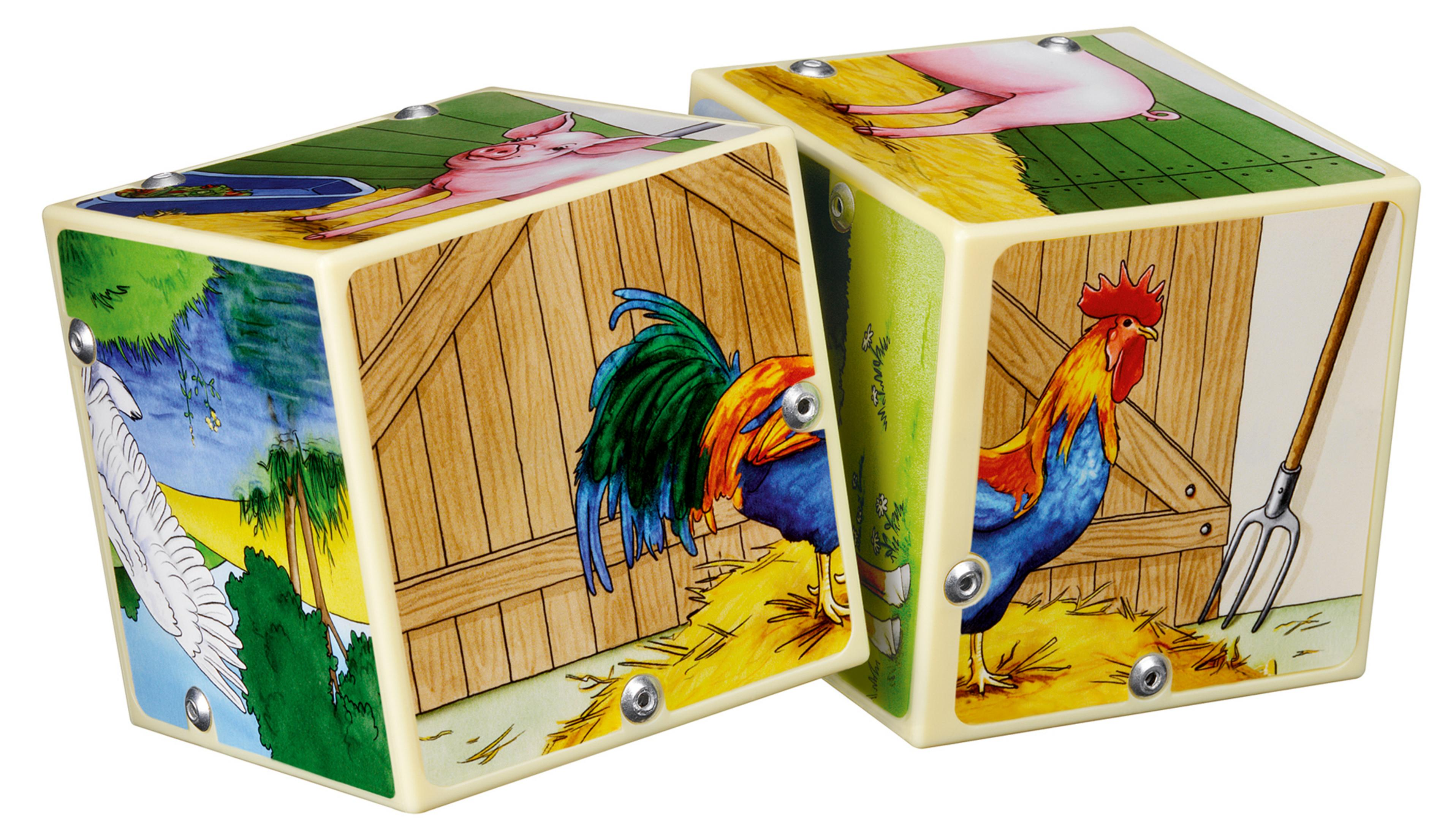Spielzeugblöcke mit Bauernhofszenen: Schwein, Hahn und andere Tiere.