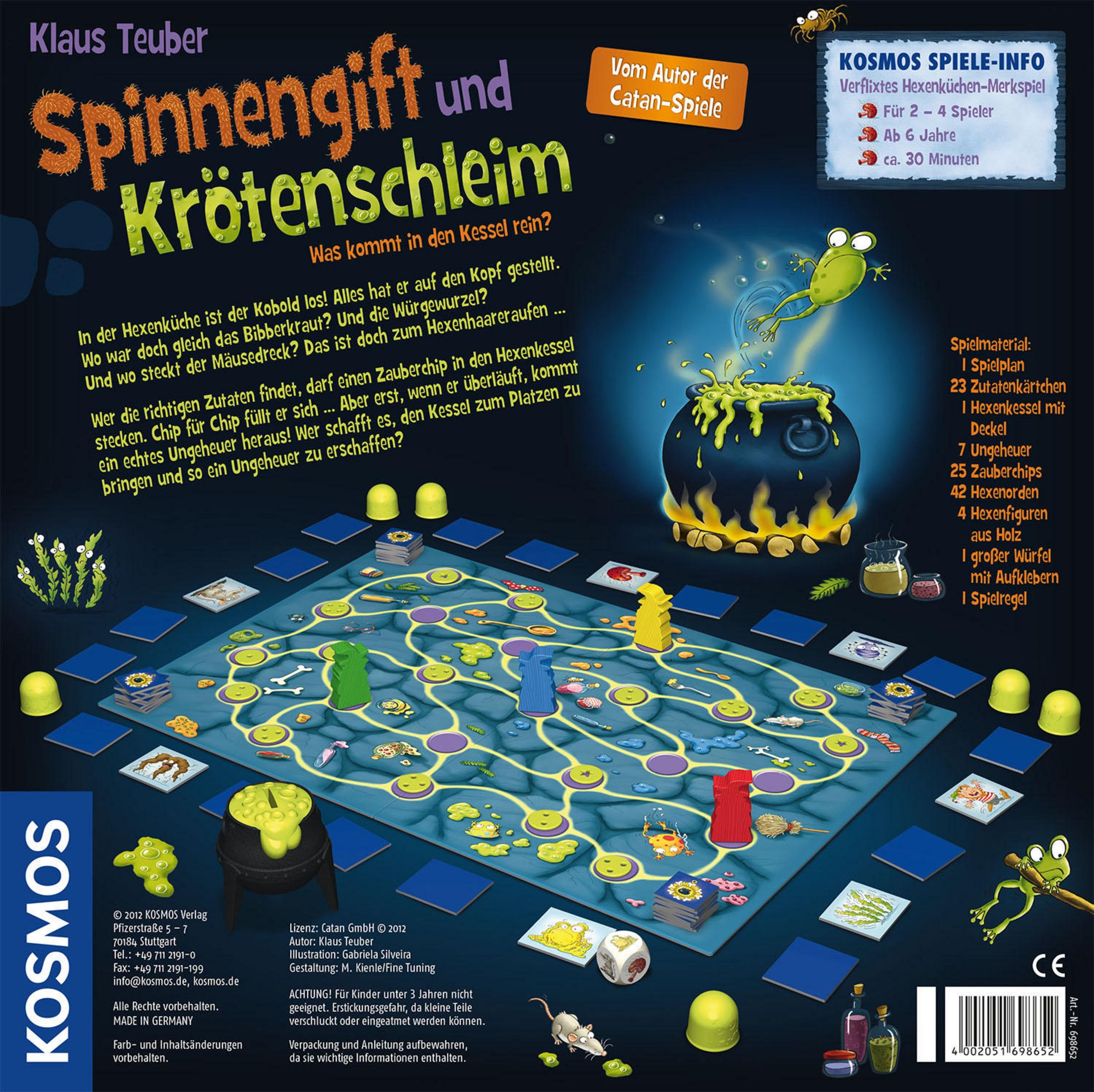 Brettspielkasten und Spielbrett. Das Spiel handelt von einer Hexe, einem Frosch und einem Kessel. Bunt und mit Text.