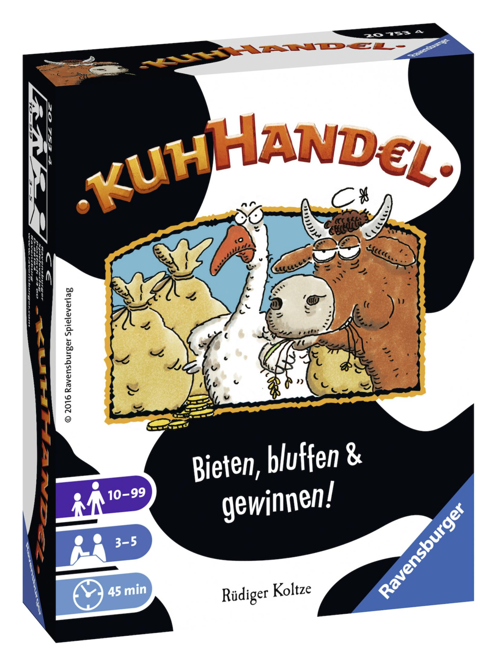Una scatola di gioco da tavolo con illustrazione di mucca e oca su sfondo nero.