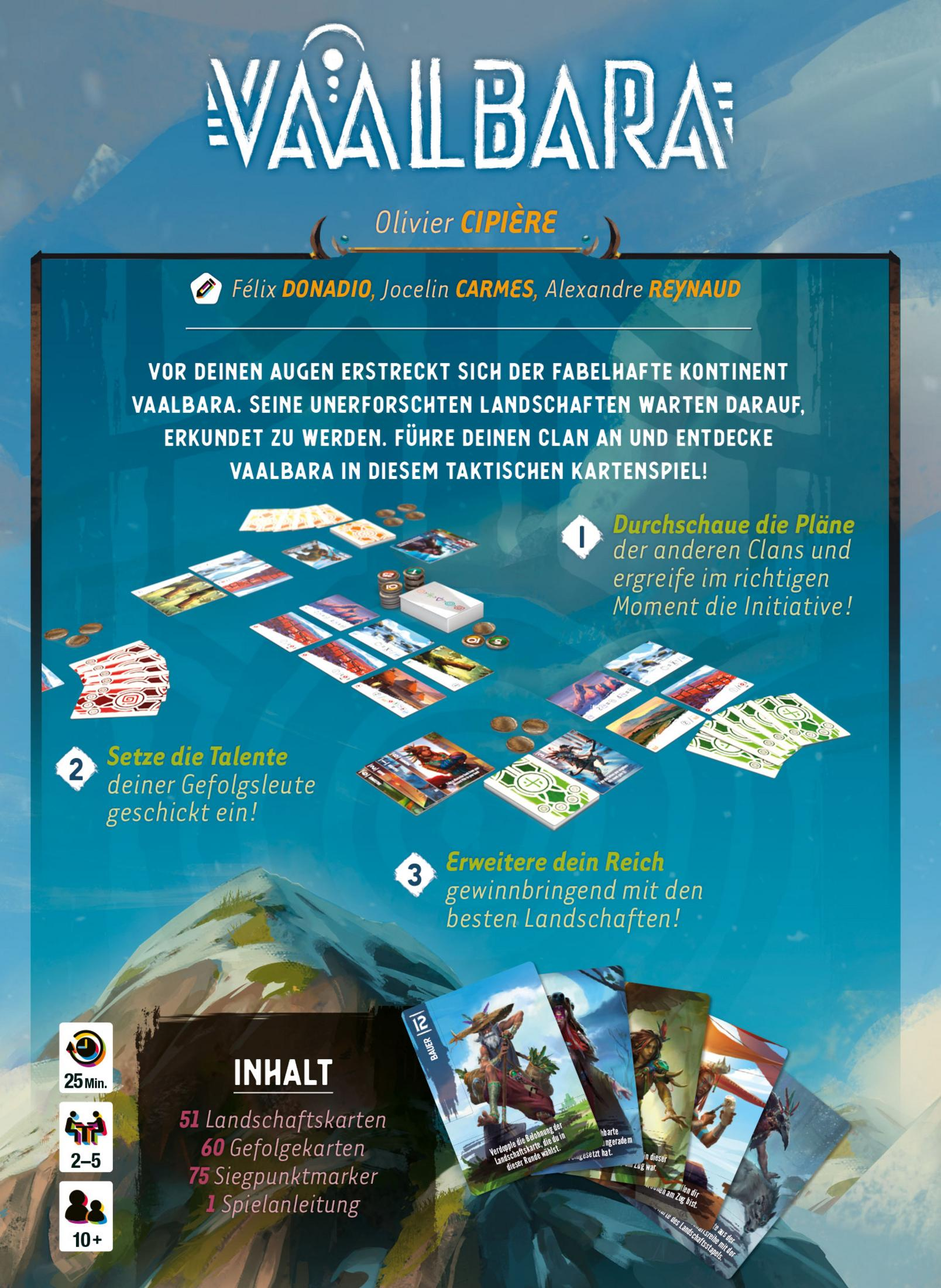 Vaalbara Brettspielbox. Zeigt Karten und Anweisungen. Der Name des Spiels steht oben.