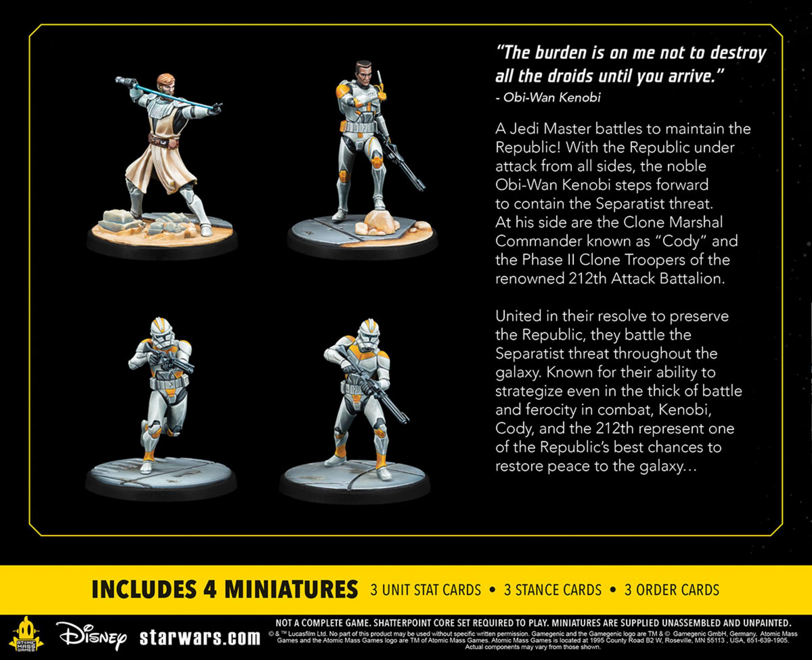 Eine Spielbox mit Miniaturen von Star Wars-Charakteren, Text und mehreren Figuren.