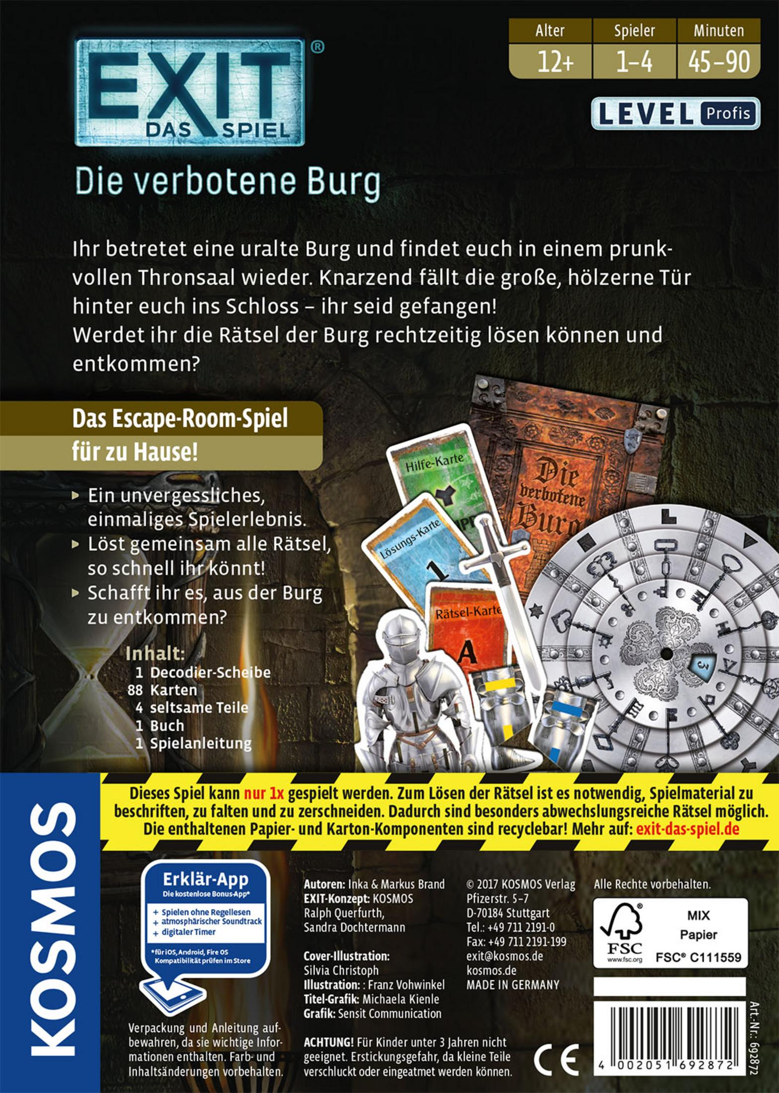 Schachtel für das Spiel, EXIT. Eine Person in Rüstung, ein Schloss und ein Schlüssel sind dargestellt.