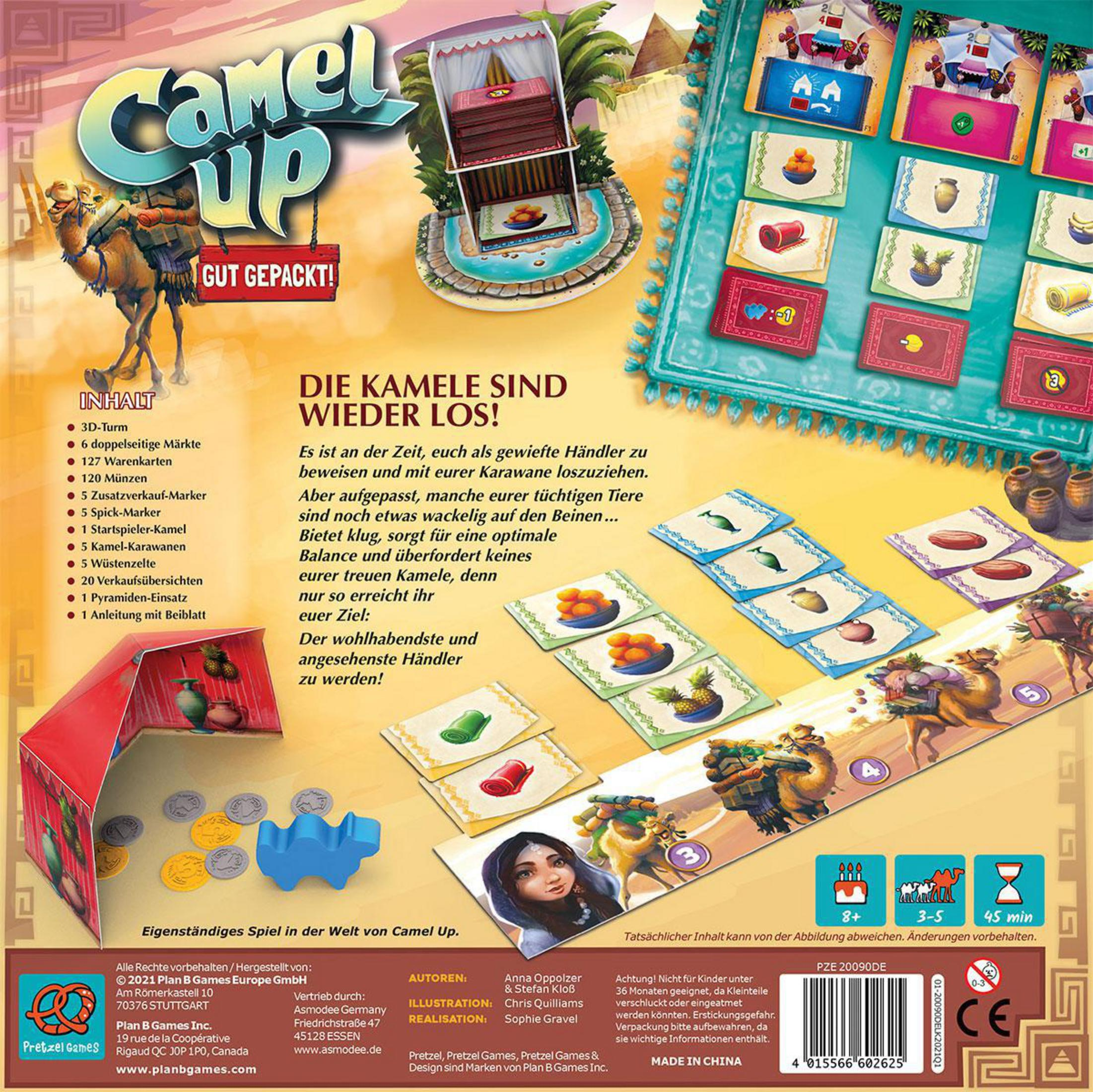 Camel Up Brettspiel. Die Box zeigt Kamele, die in einer Wüstenlandschaft rennen, mit Spielkomponenten.