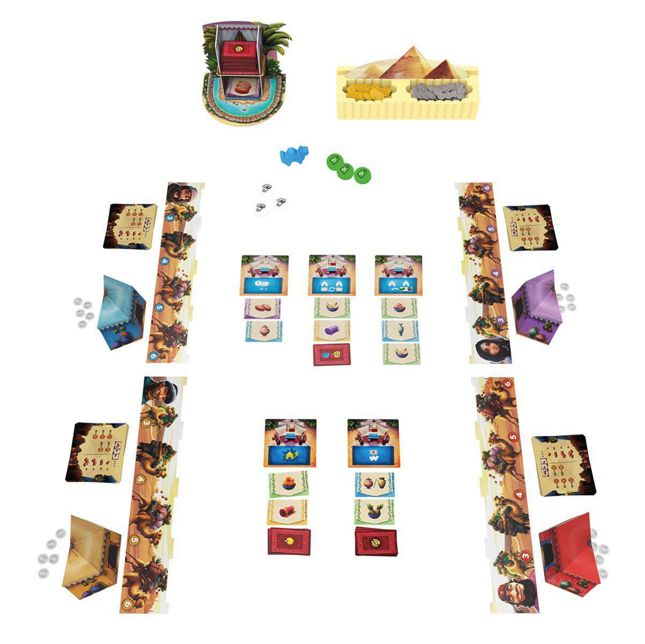 Schachbrettspiel mit Figuren, Karten und Charakterbildern, eine blaue Königinfigur im Zentrum.