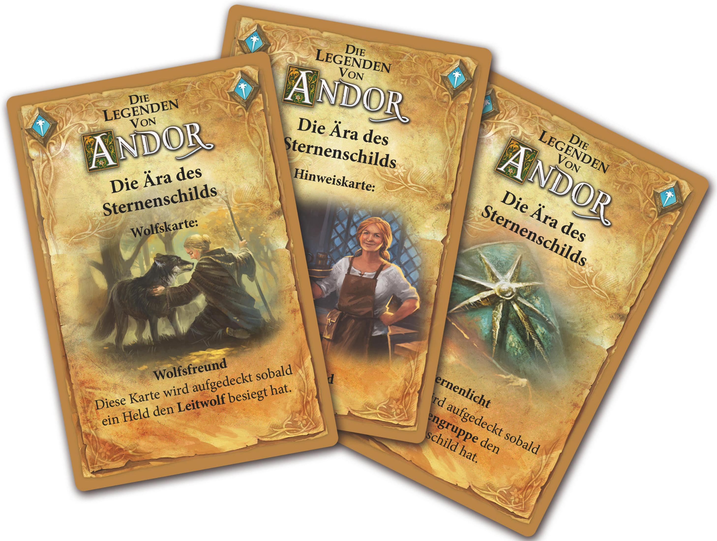 Drei Spielkarten mit Fantasy-Artwork und deutschem Text, die Charaktere und Symbole darstellen.