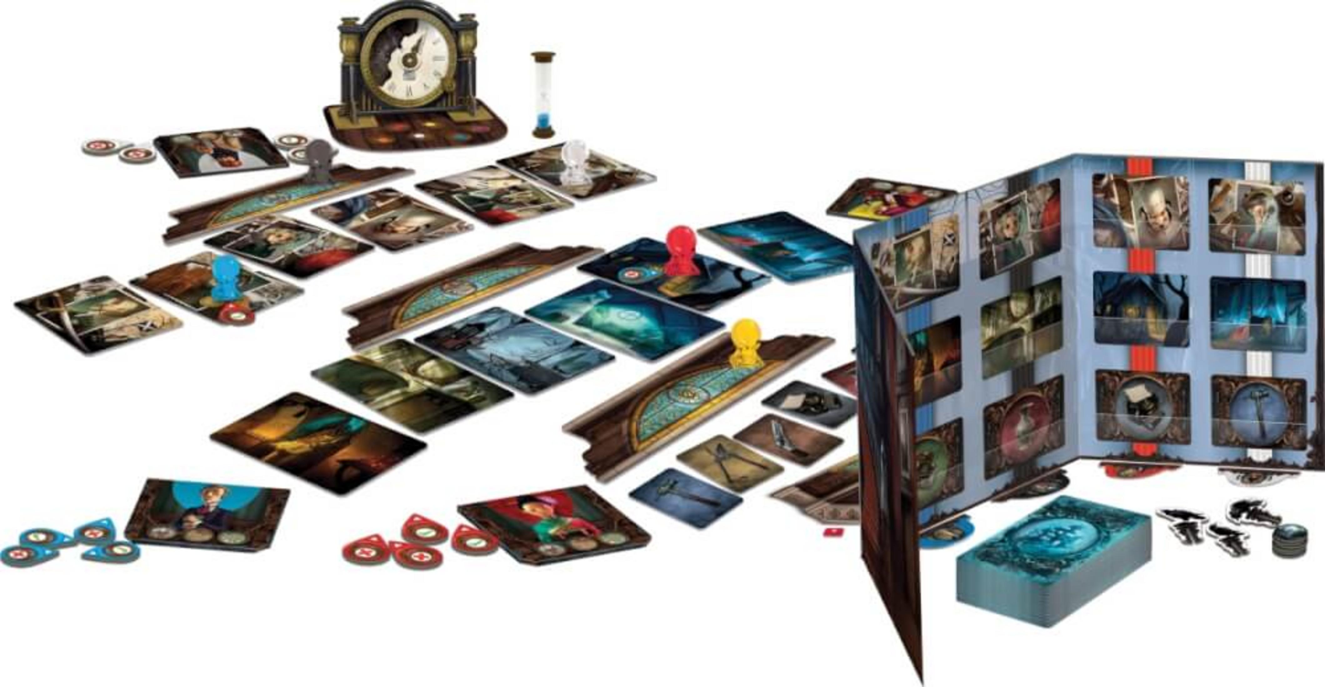 Brettspiel mit Karten, einer Uhr und verschiedenen Spielsteinen und Spielbrettern mit Illustrationen.