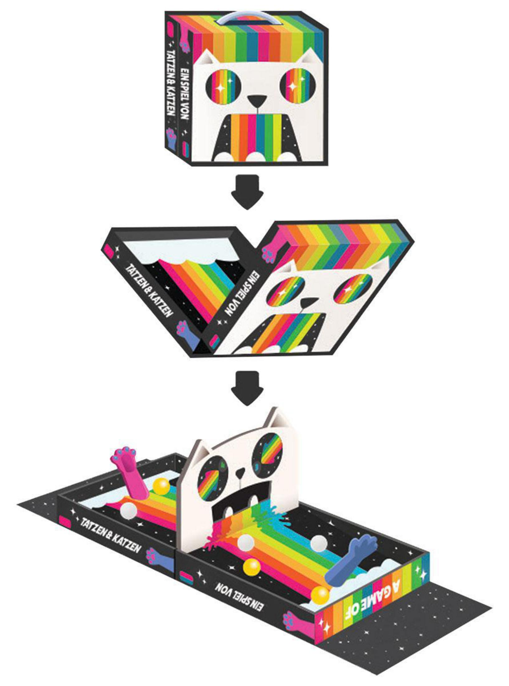 Eine Katzen-Spielbox wird geöffnet. Die Box entfaltet sich zu einem Spiel, mit Katzen und Regenbögen.