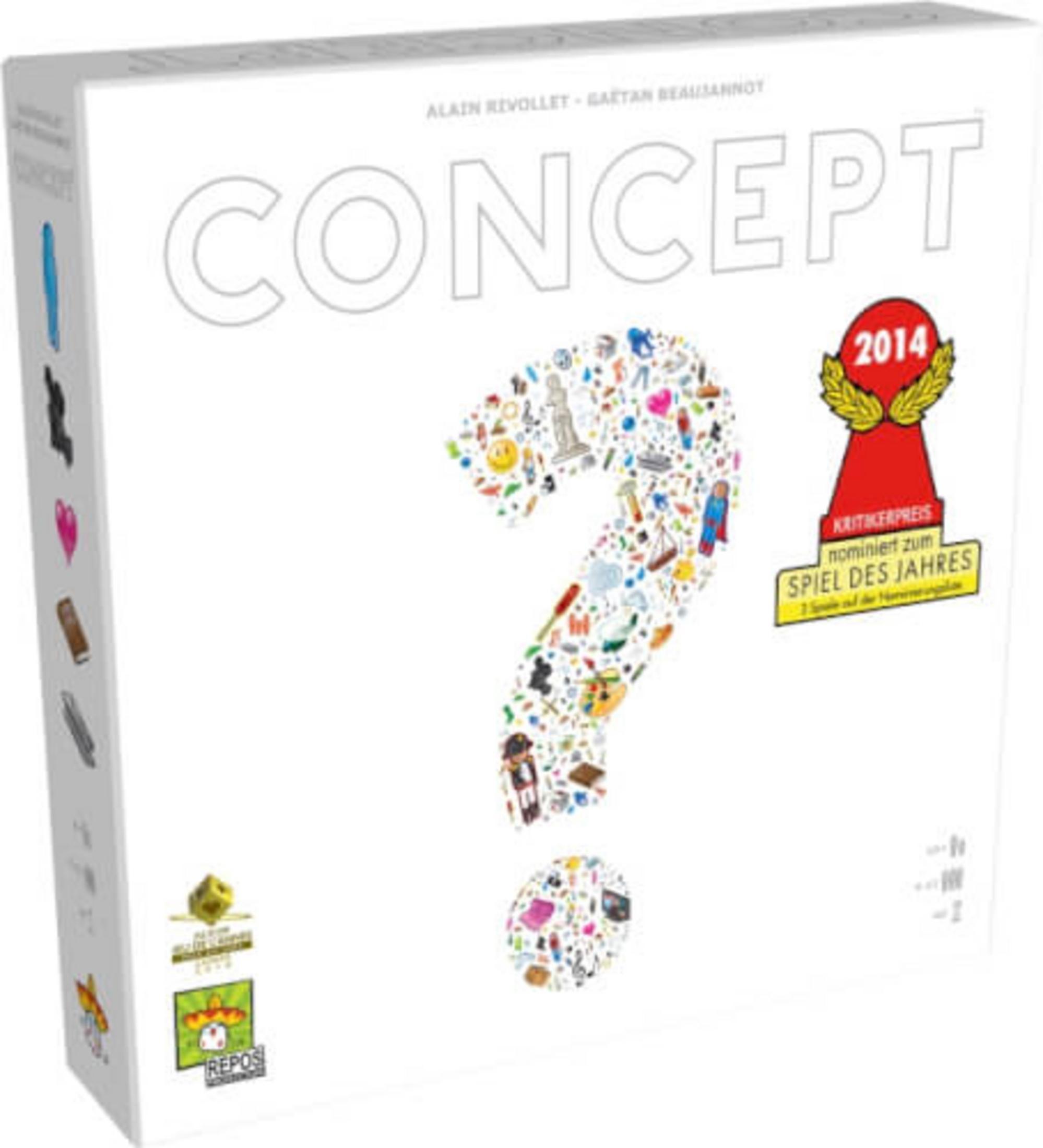 Eine weiße Brettspielbox mit einem Fragezeichen-Design. Sie hat den Text 'CONCEPT' und '2014'.