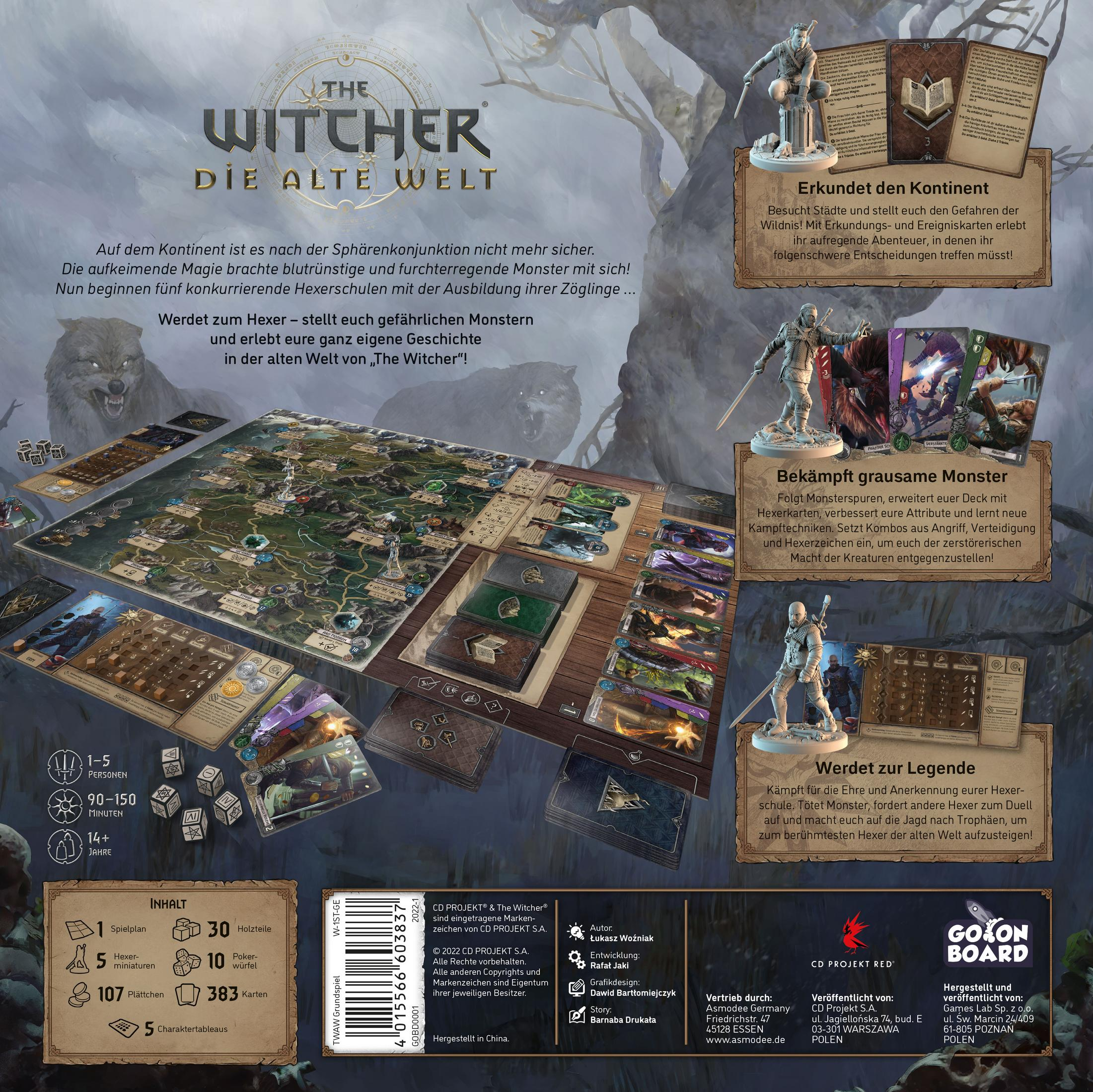 Scatola del gioco da tavolo The Witcher. Sono mostrati componenti e personaggi del gioco.