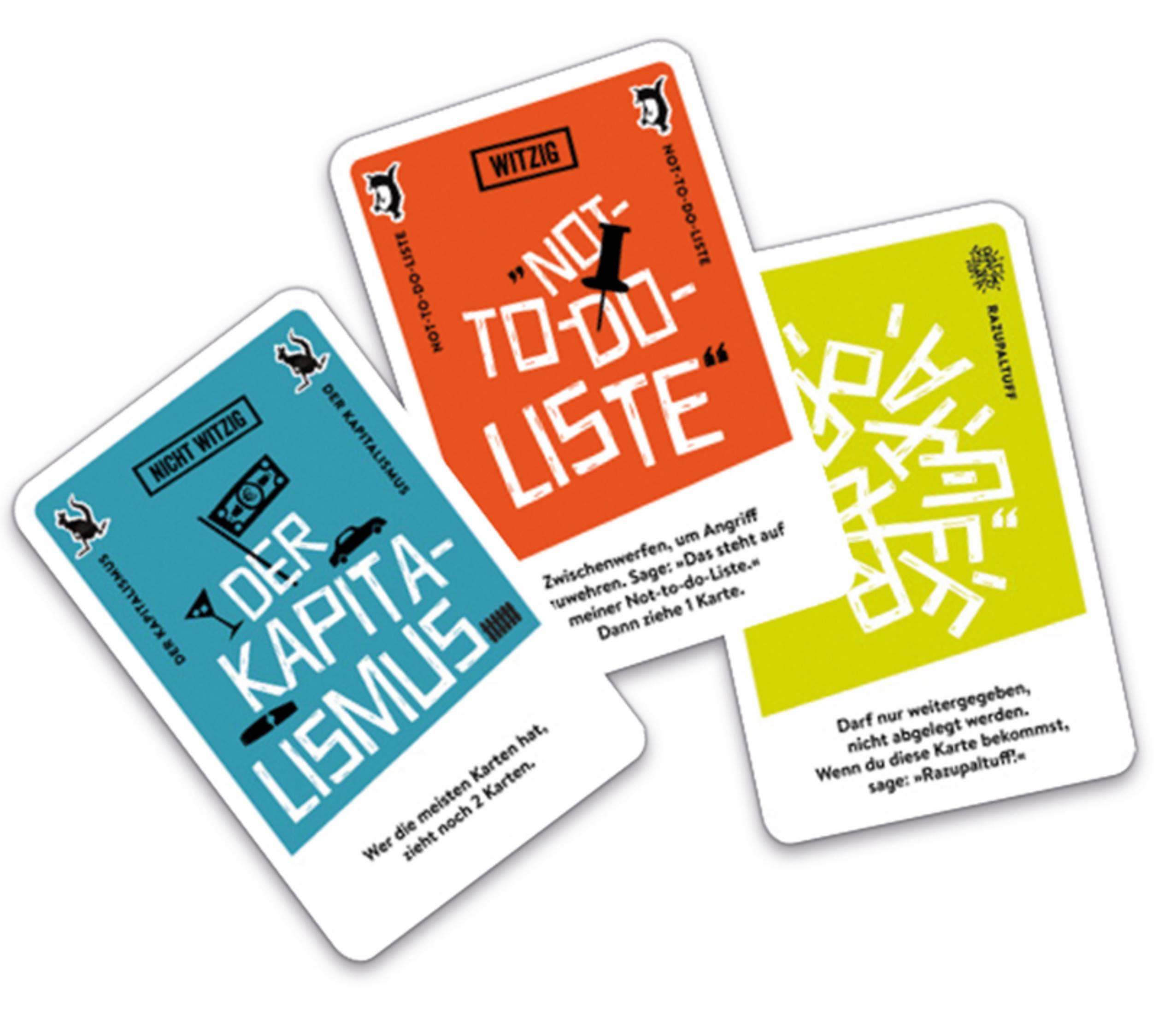 Trois cartes de jeu avec le texte 'NOT TO DO LISTE' en orange, vert et bleu, avec un fond clair.