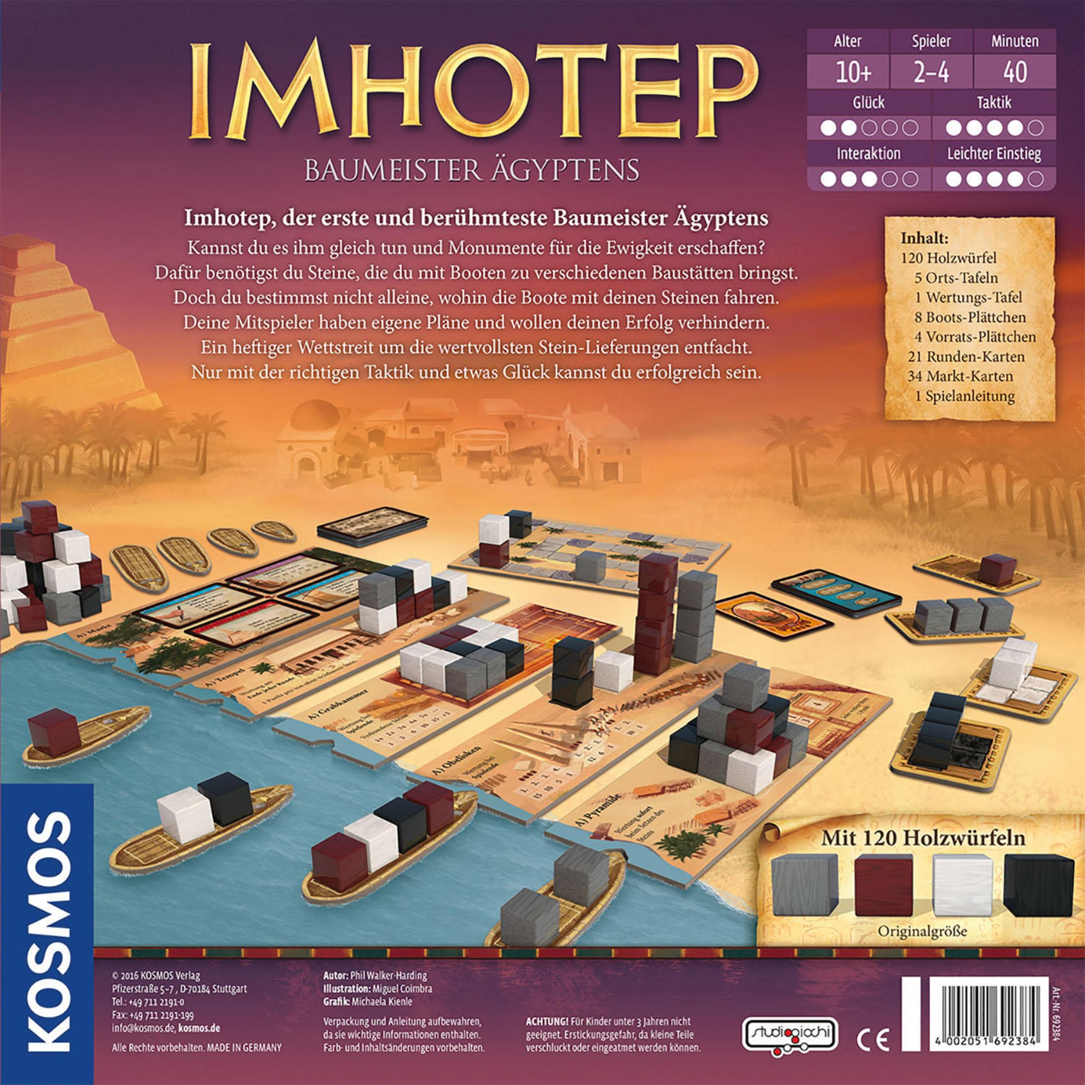Imhotep Brettspielschachtel und Spielkomponenten. Die Schachtel hat den Spieltitel und Details. Weißer Hintergrund.