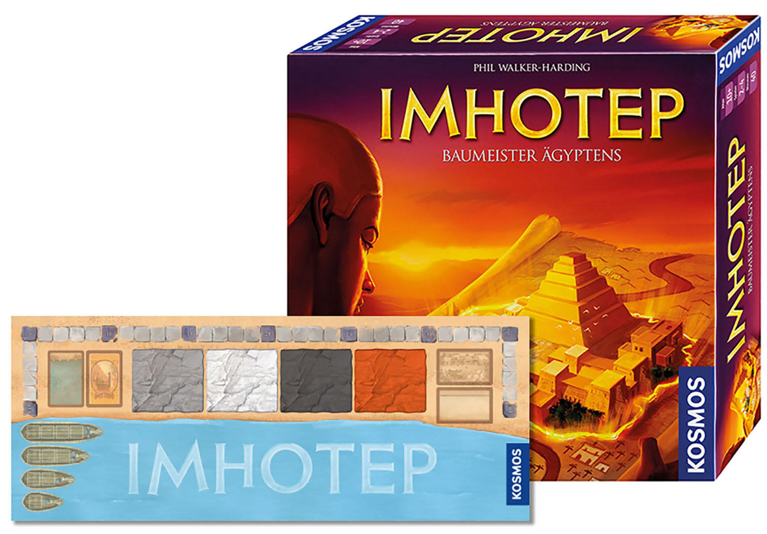 Imhotep Brettspielbox und Komponenten. Die Box zeigt einen Pharao und Pyramiden.