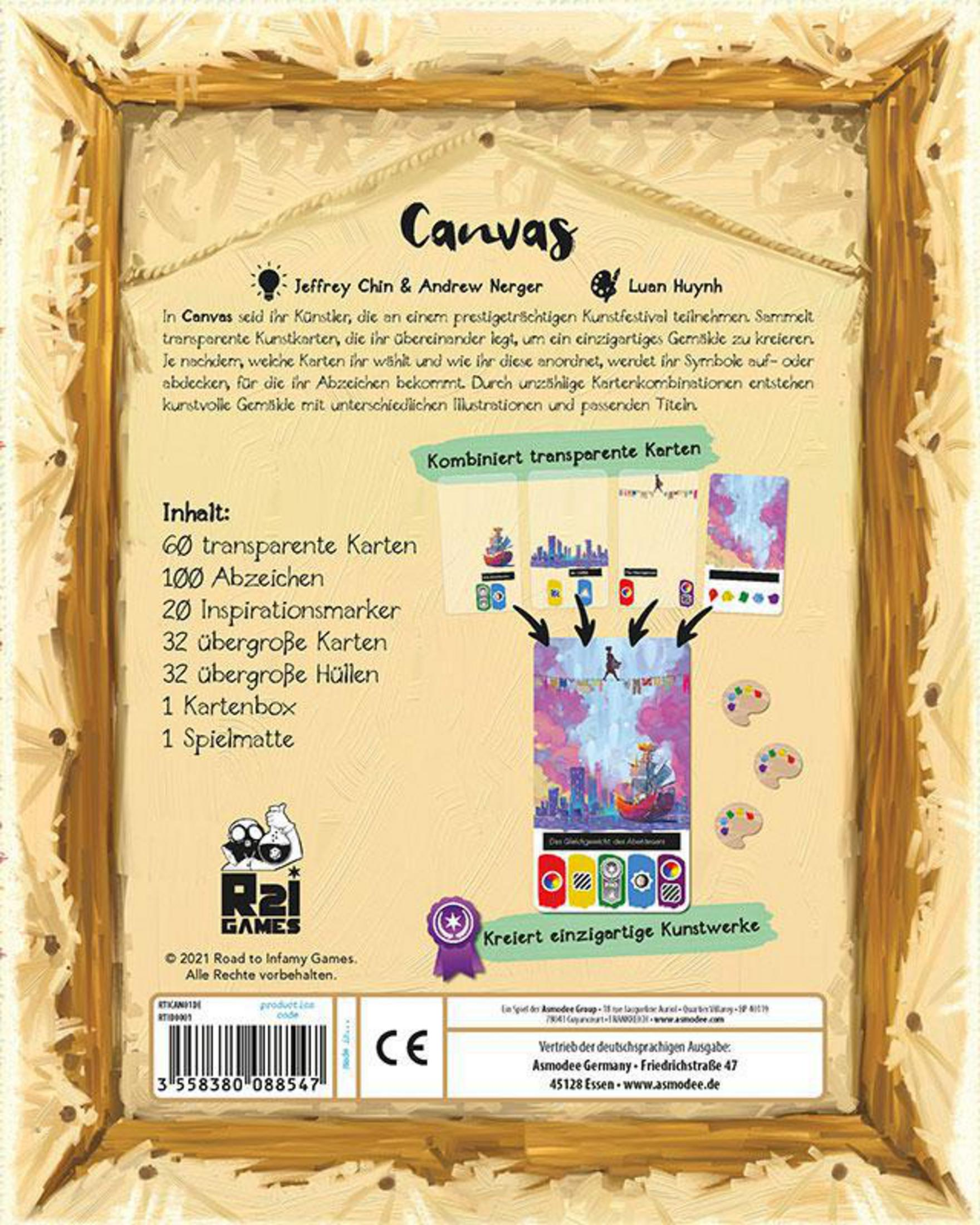 Rückseite der 'Canvas' Brettspielbox. Zeigt Spielübersicht, Komponenten und Artwork des Spiels.