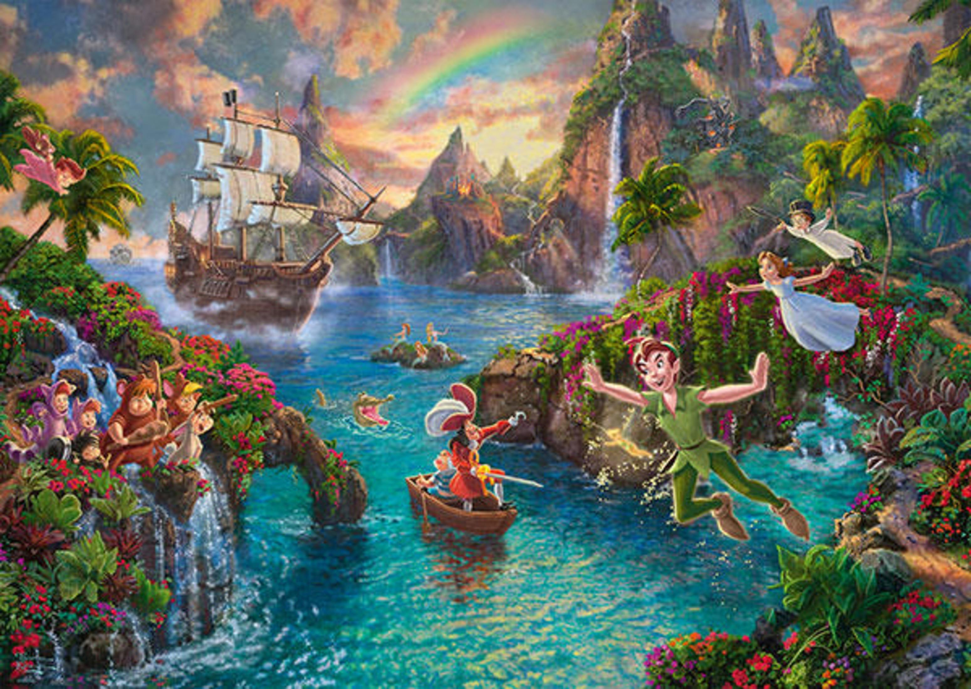 Peter Pan Kunst, Nimmerland-Szene, mit Piratenschiff, Regenbogen, fliegenden Charakteren, Wasserfällen, üppig.