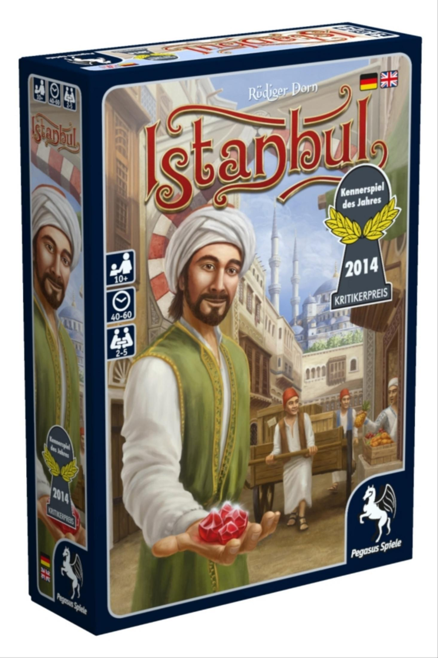 Spielbox von Istanbul, zeigt einen Mann mit Turban, der einen Edelstein hält. Pegasus Spiele Logo.