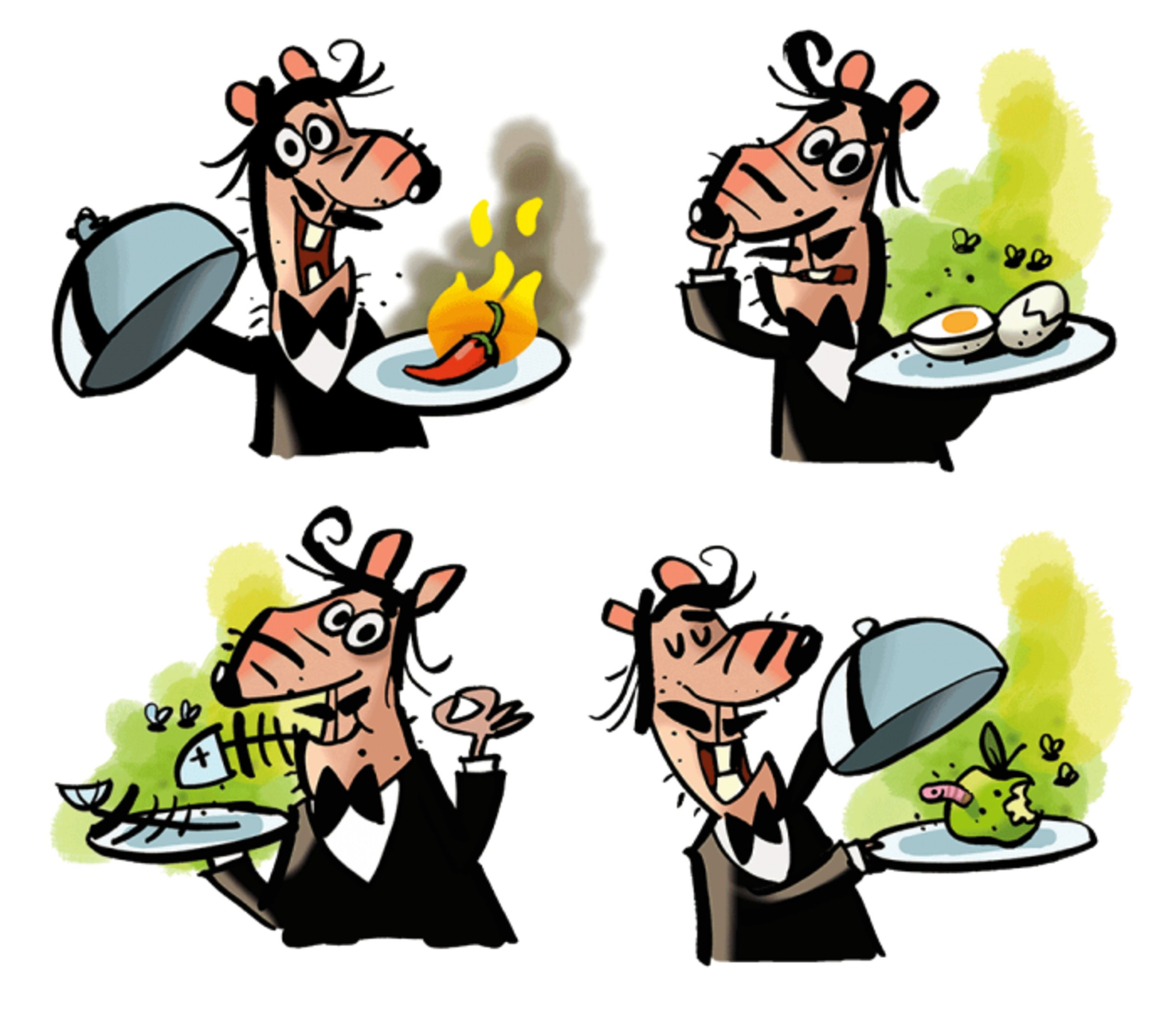 Cartoon-Pferd-Kellner mit Tellern voller Essen: Chili, Eier, Fisch und ein fauler Apfel.