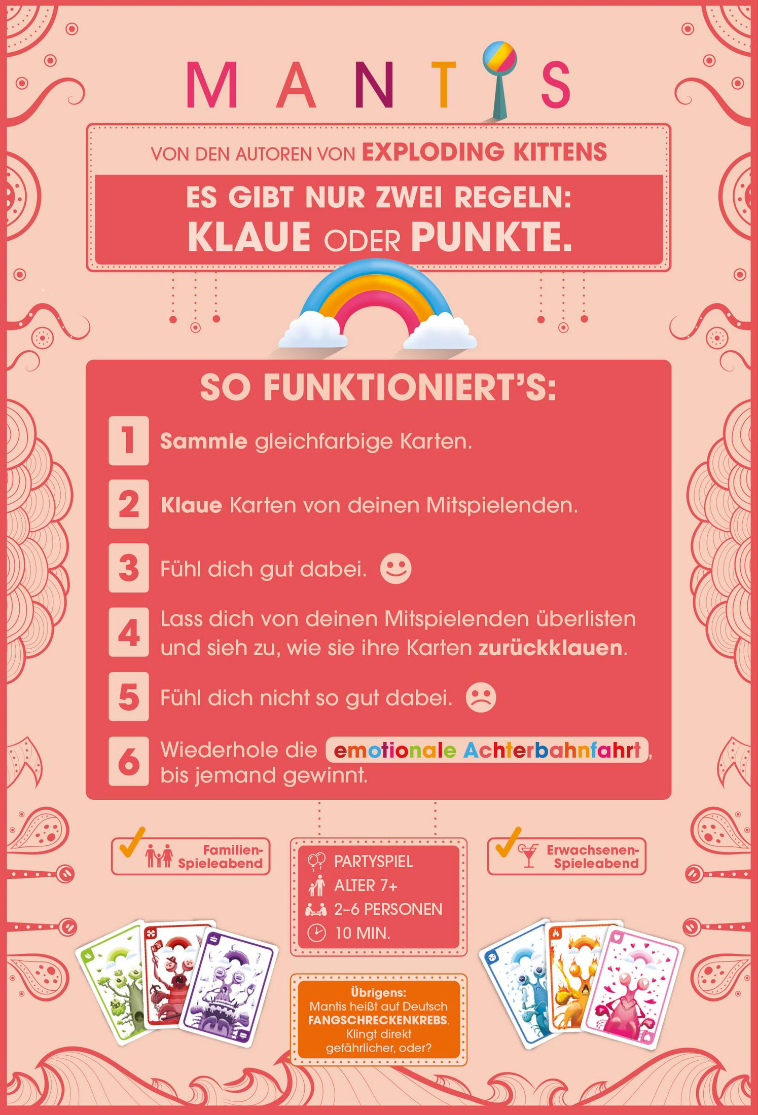 Eine Kartenspielbox mit dem Titel Mantis mit deutschem Text, farbenfrohem Design und einem Regenbogen.