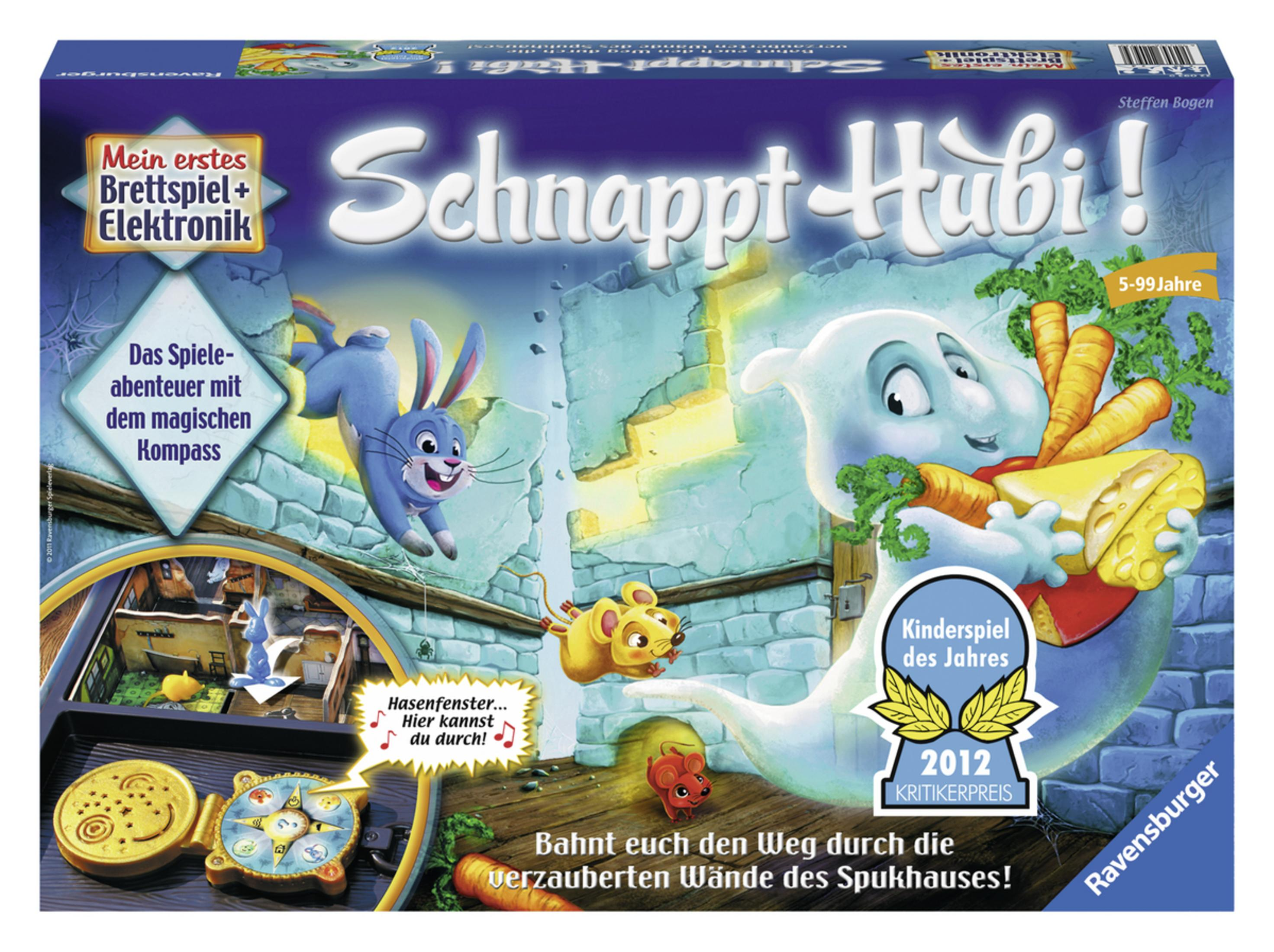 Brettspielbox mit Cartoon-Geist, Häschen, Maus und Karotten.