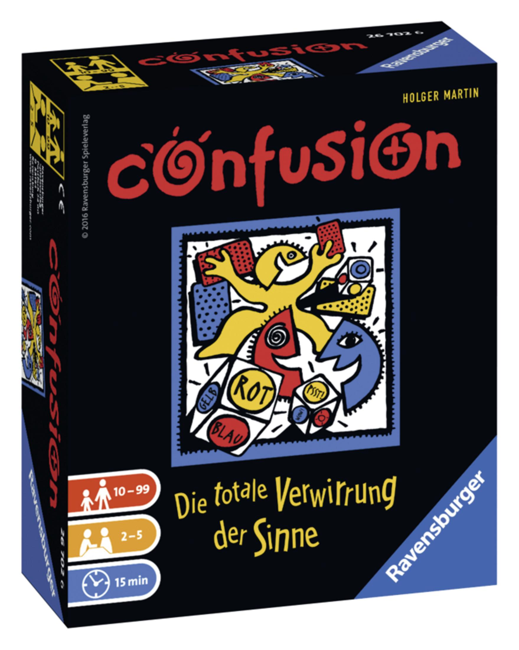 Brettspielbox mit dem Titel 'Confusion' mit farbenfroher abstrakter Kunst und Spieldetails. Schwarzer Hintergrund.