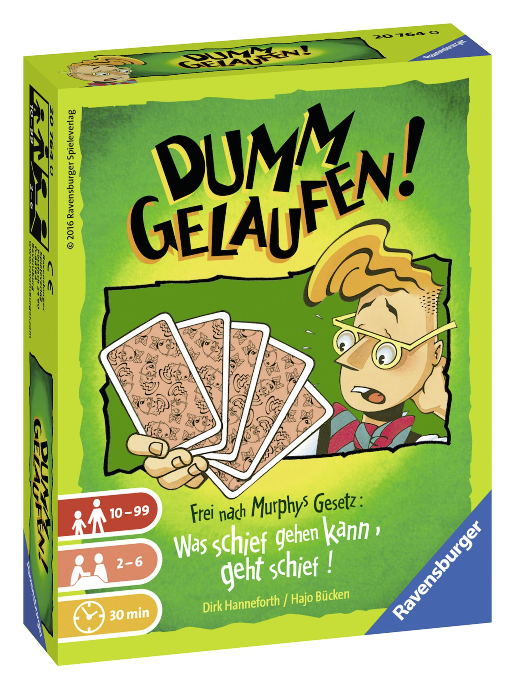 Una scatola di gioco da tavolo con un personaggio dei cartoni animati e testo in tedesco. Il gioco si chiama Dumm Gelaufen!