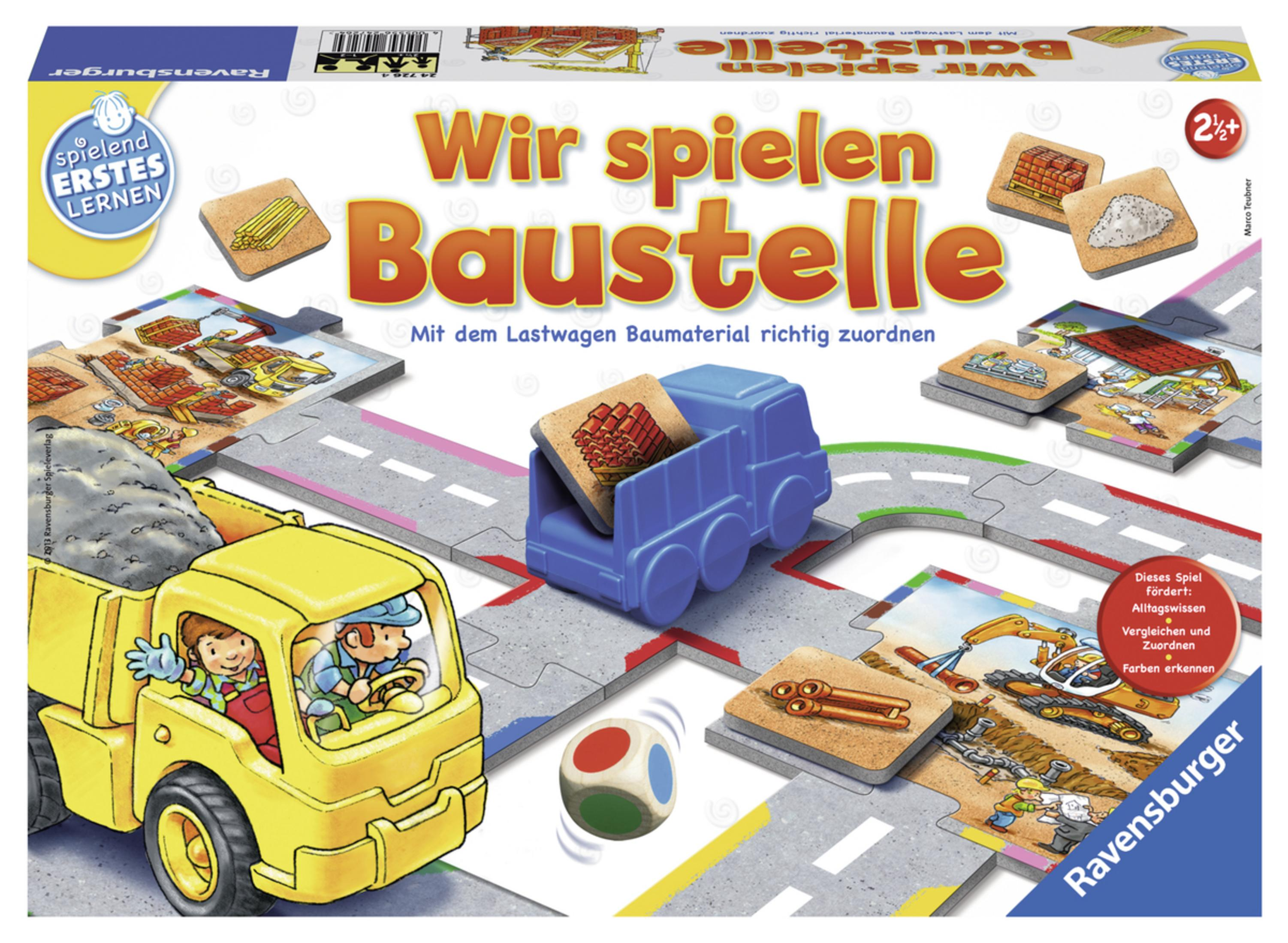 Ein Kinderspiel zum Thema Bauen mit einem LKW, Straßenstücken und Baukacheln.