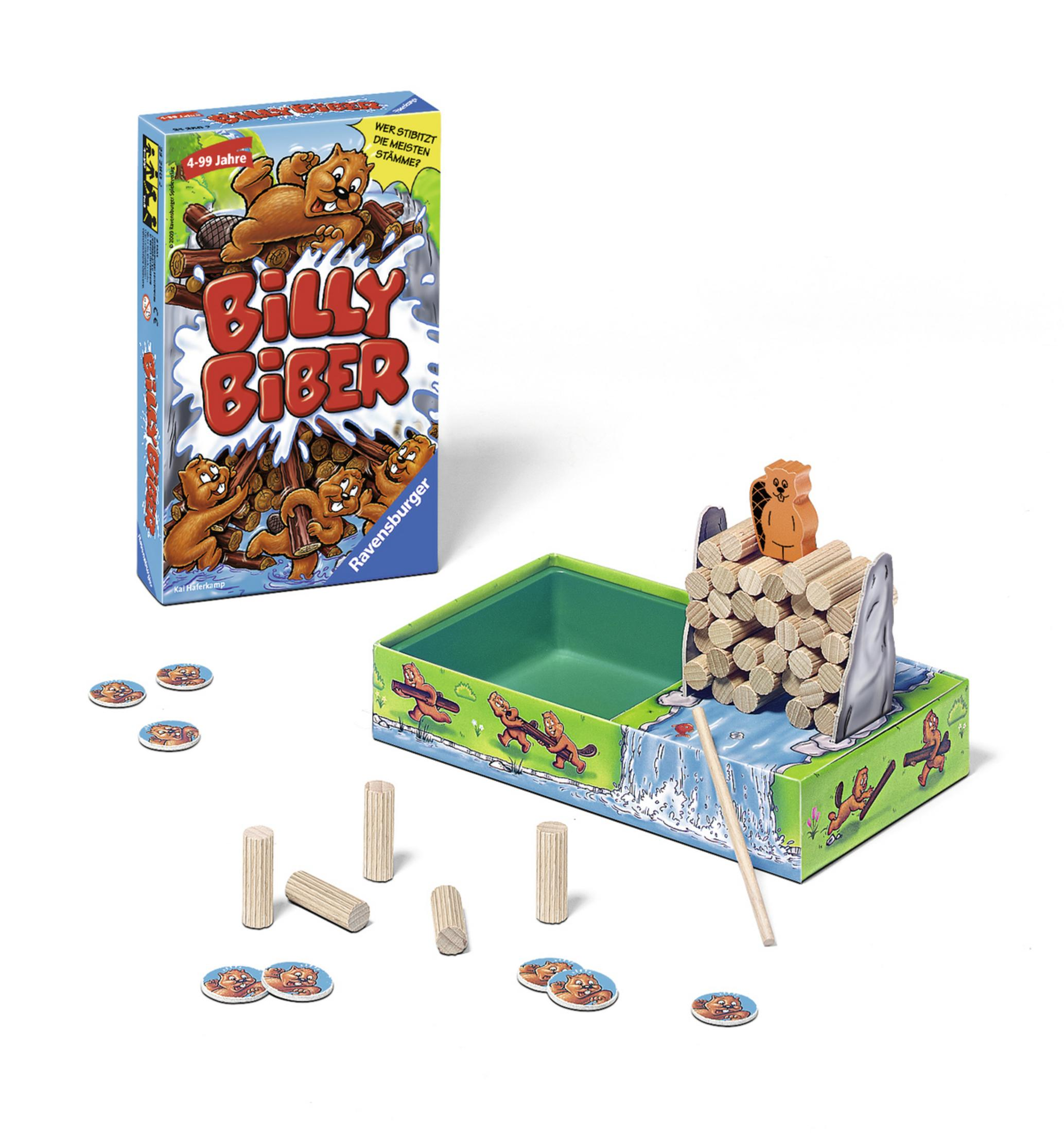 Brettspiel mit Biber-Thema. Enthält Spielbox, Holzscheite und Spielsteine.