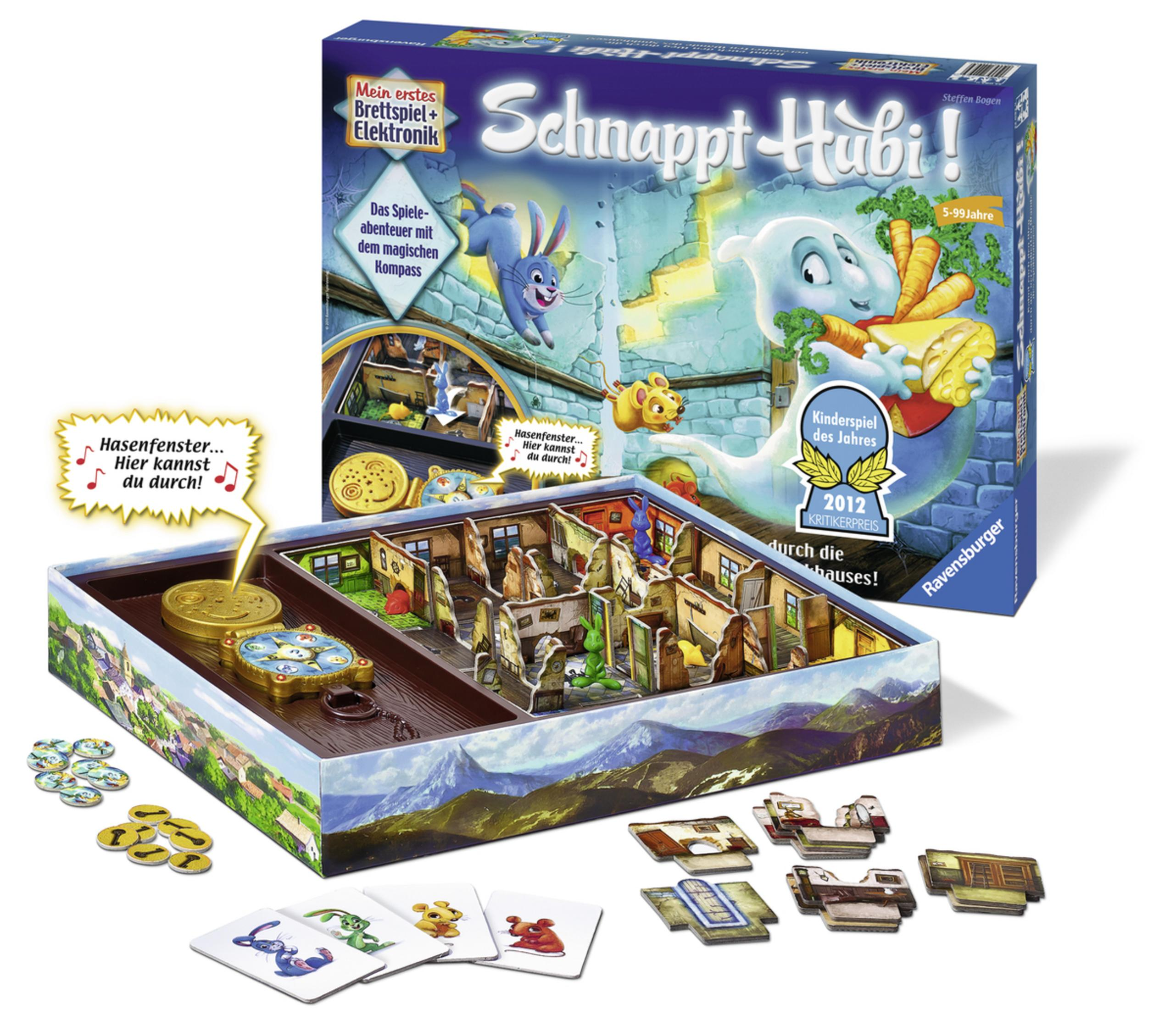 Brettspielkasten und Spielteile. Ein Cartoon-Geist, Karotten und ein Haus. Die Schachtel hat ein blaues und weißes Design.