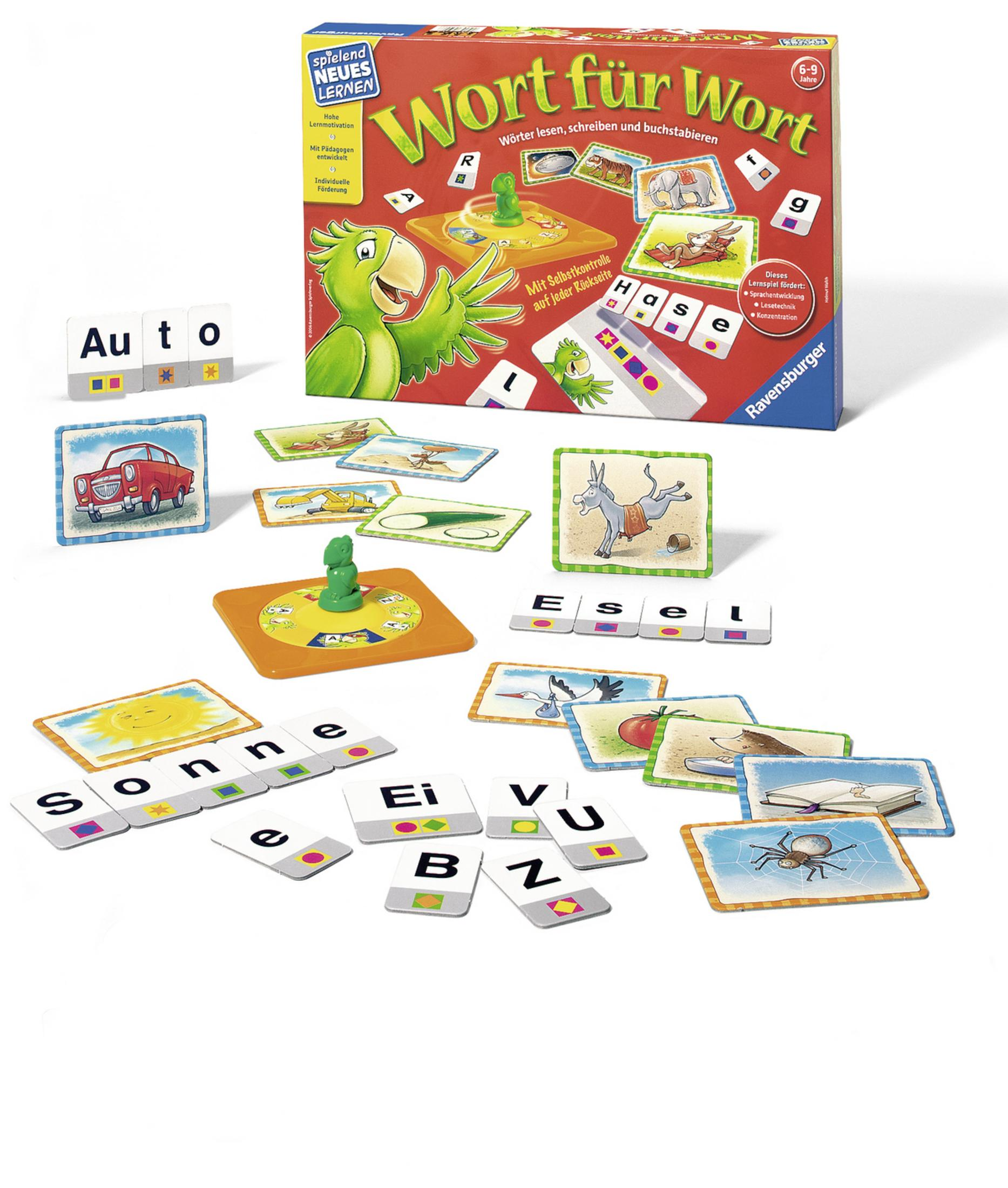 Un gioco da tavolo con pezzi e carte, più una scatola con il nome del gioco e un'illustrazione di pappagallo.