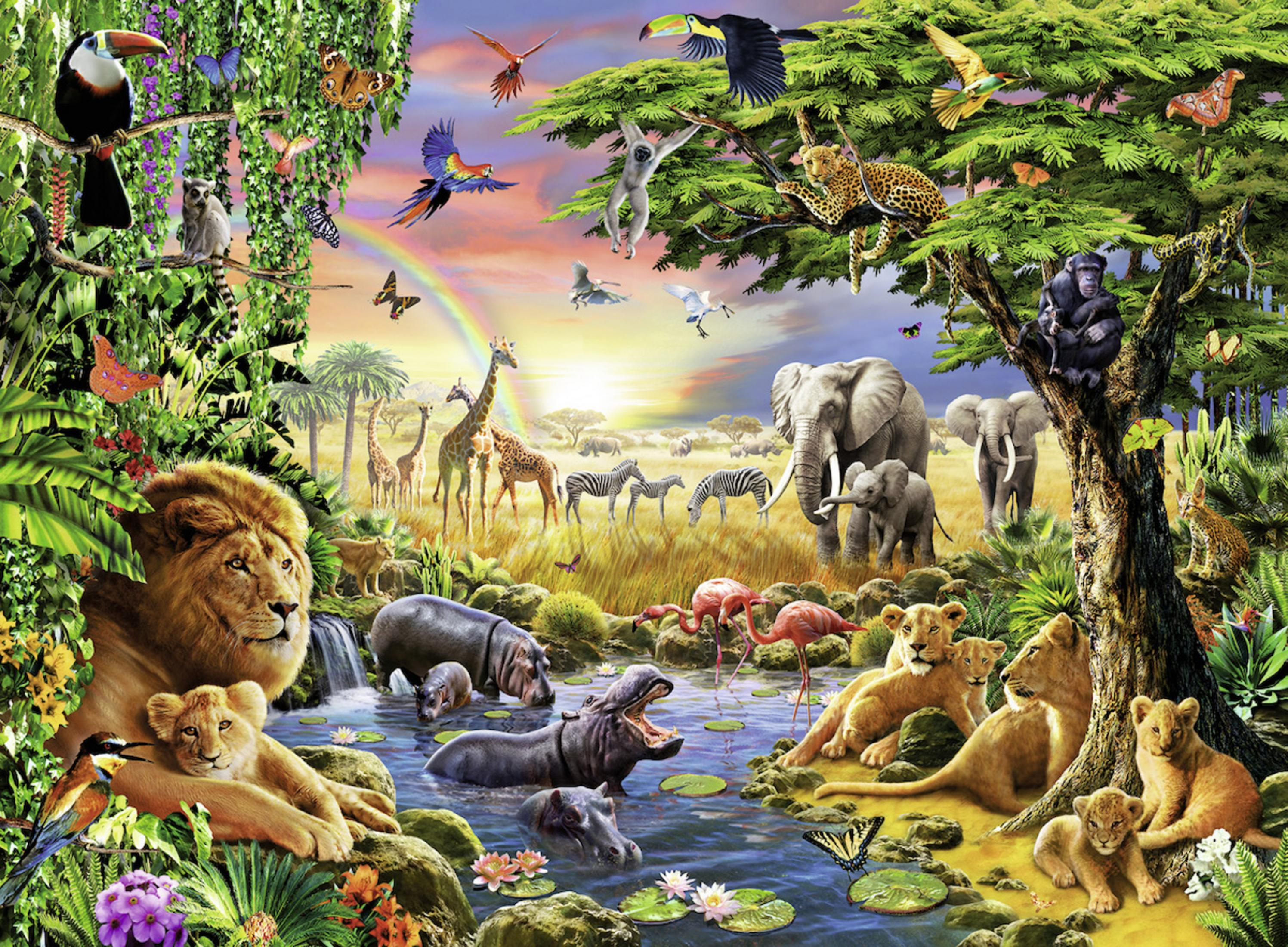 Eine lebendige Puzzleszene, die verschiedene Tiere in einer üppigen Dschungel- und Savannenumgebung mit einem Regenbogen darstellt.