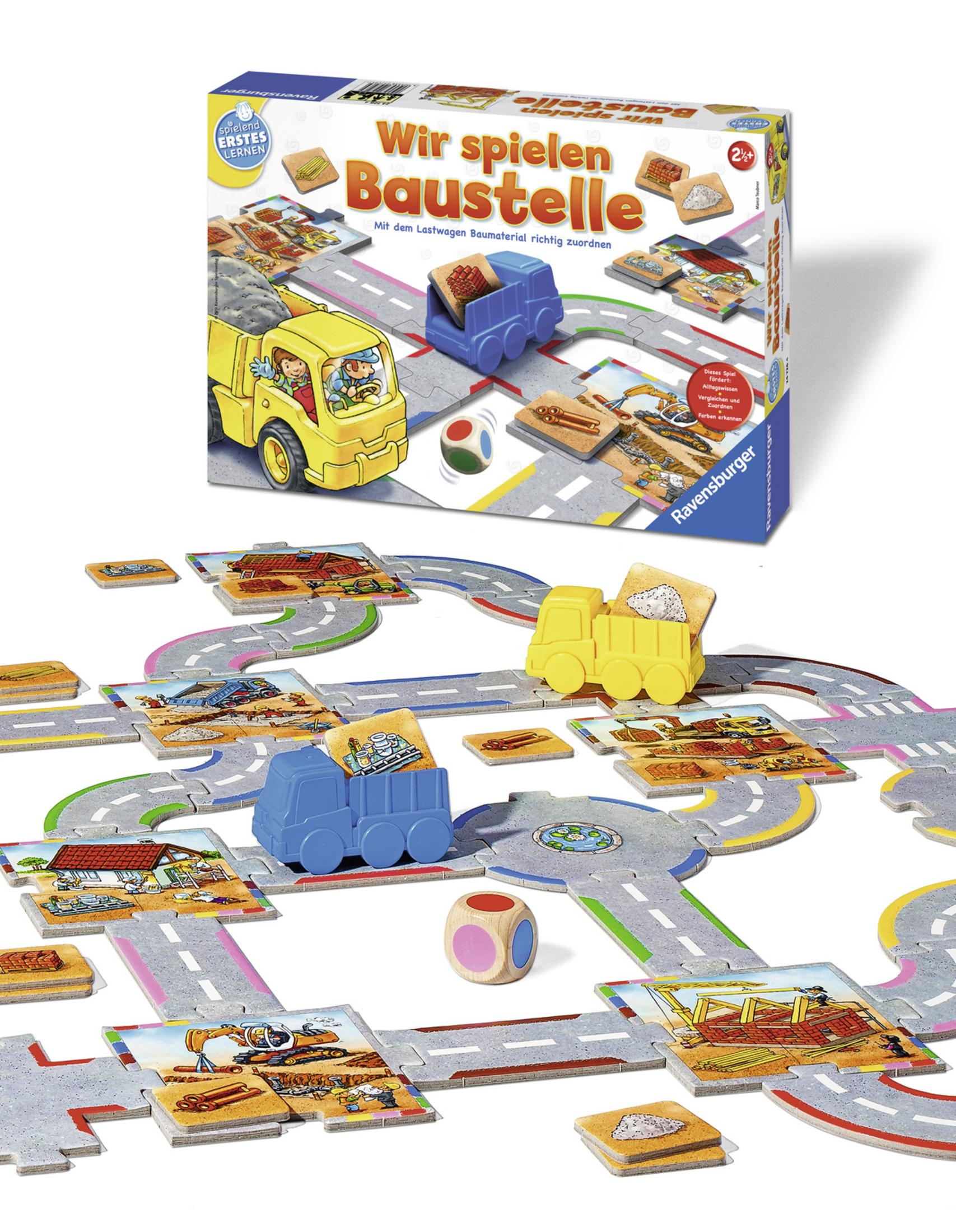 Ein Kinderspiel "Baustelle" mit Spielteilen und Spielkarton.