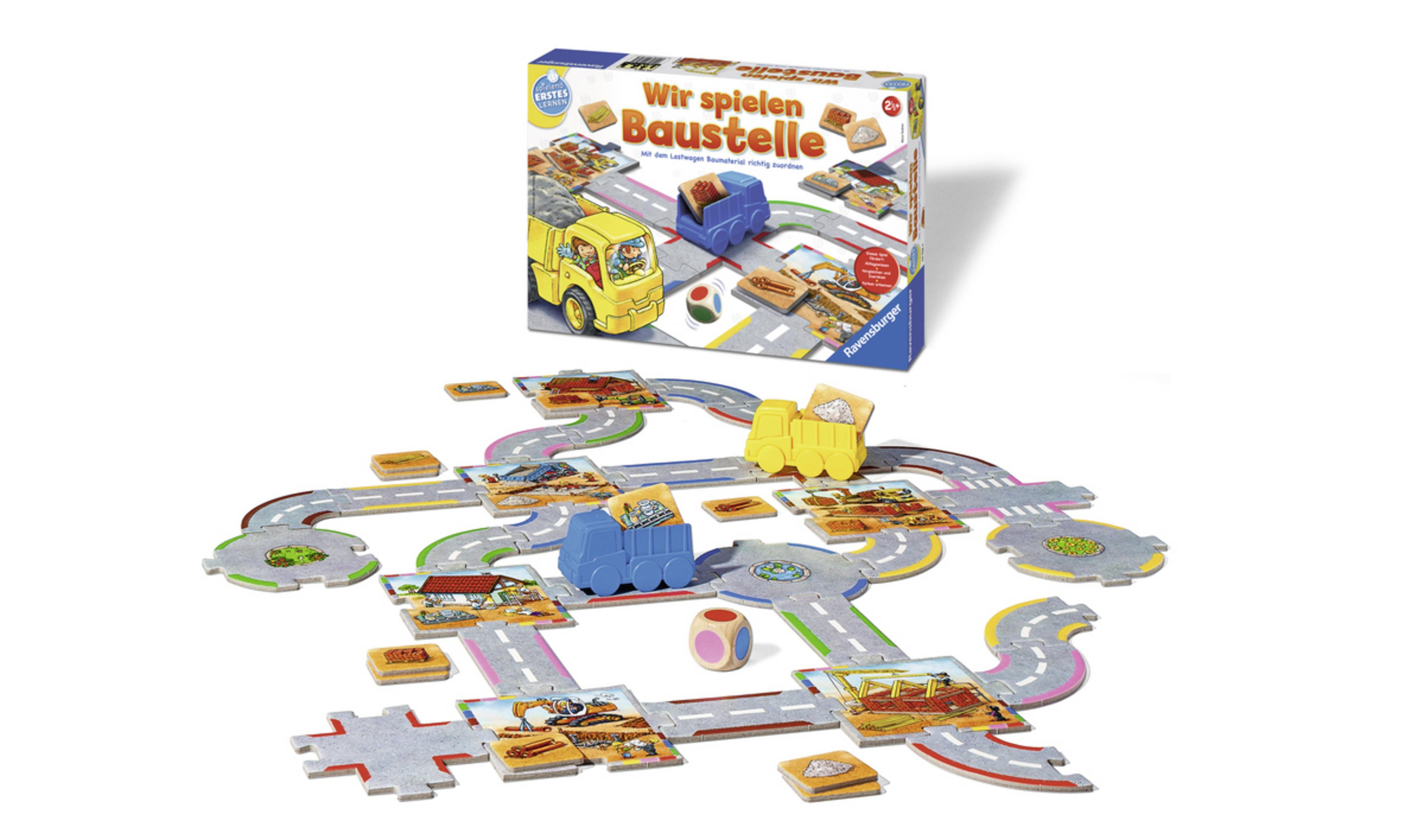 Ein Brettspielkarton mit Text und Bildern sowie die Spielkomponenten.