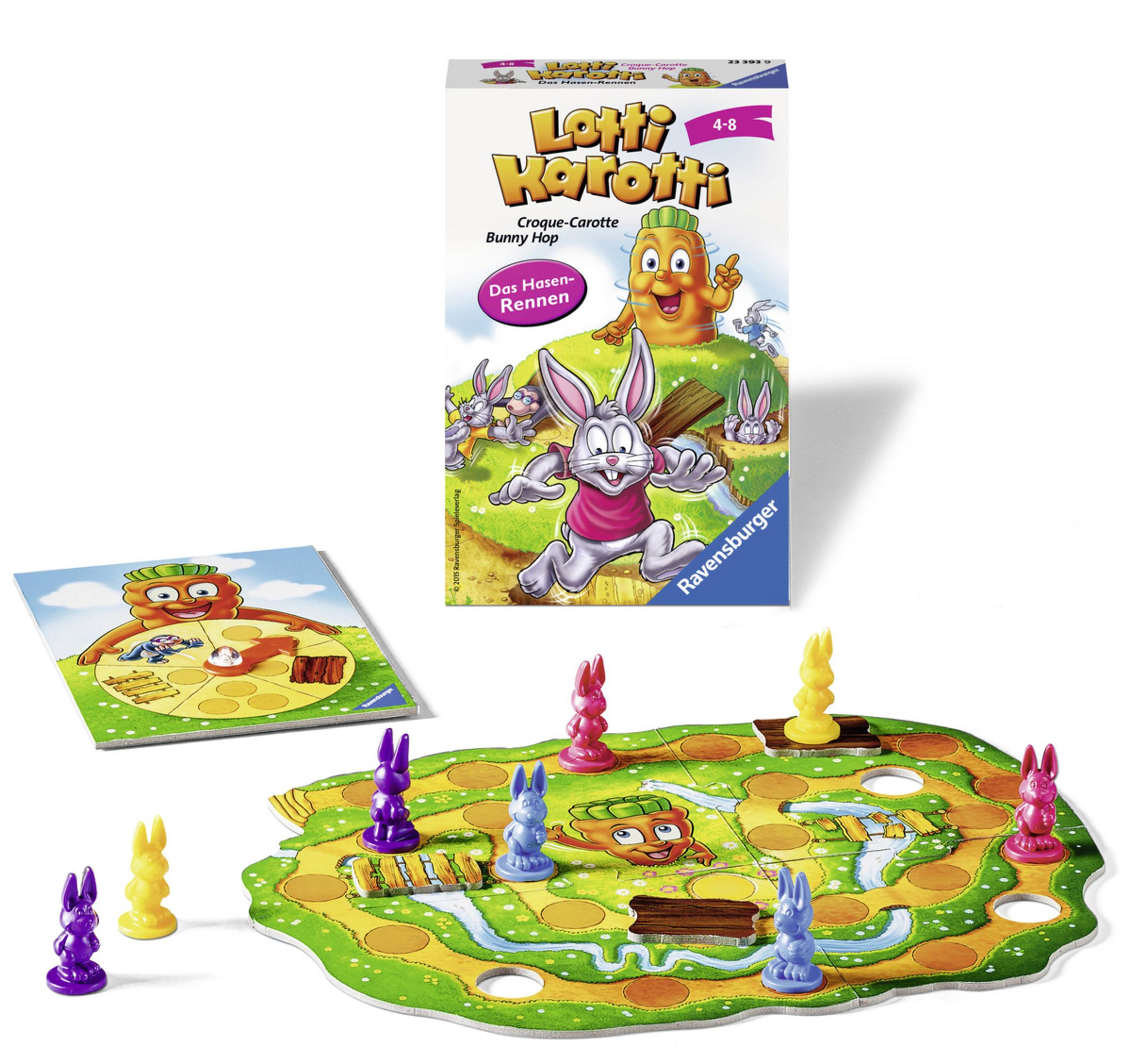 Lotti Karotti Brettspiel mit Hasenfiguren und einer Karotte.