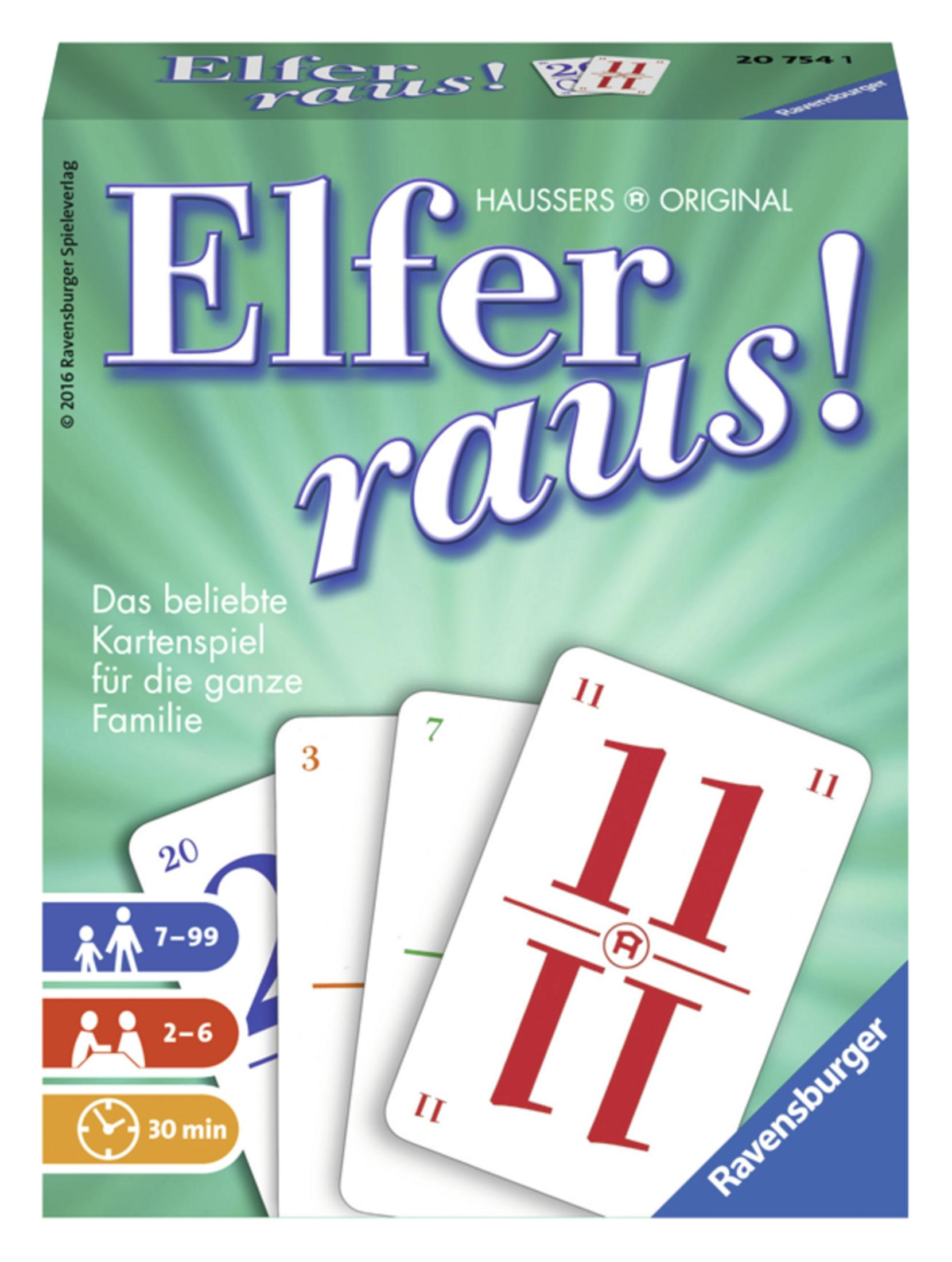 Scatola del gioco di carte Elfer Raus! con carte visibili. Testo in tedesco.