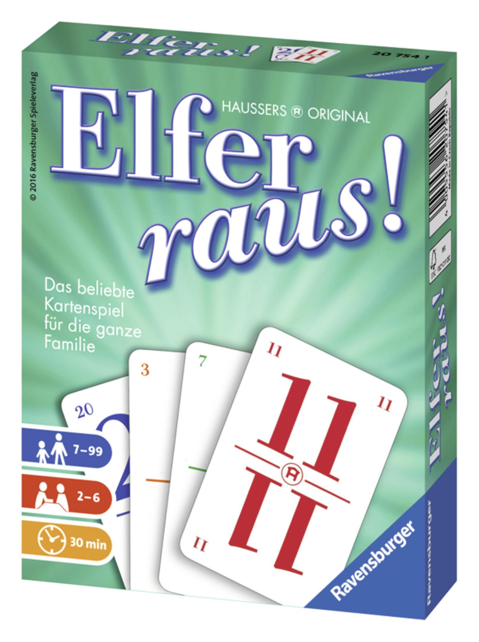 Scatola del gioco Elfer raus! Carte e scatola sono verdi. Il titolo è in bianco e rosso.