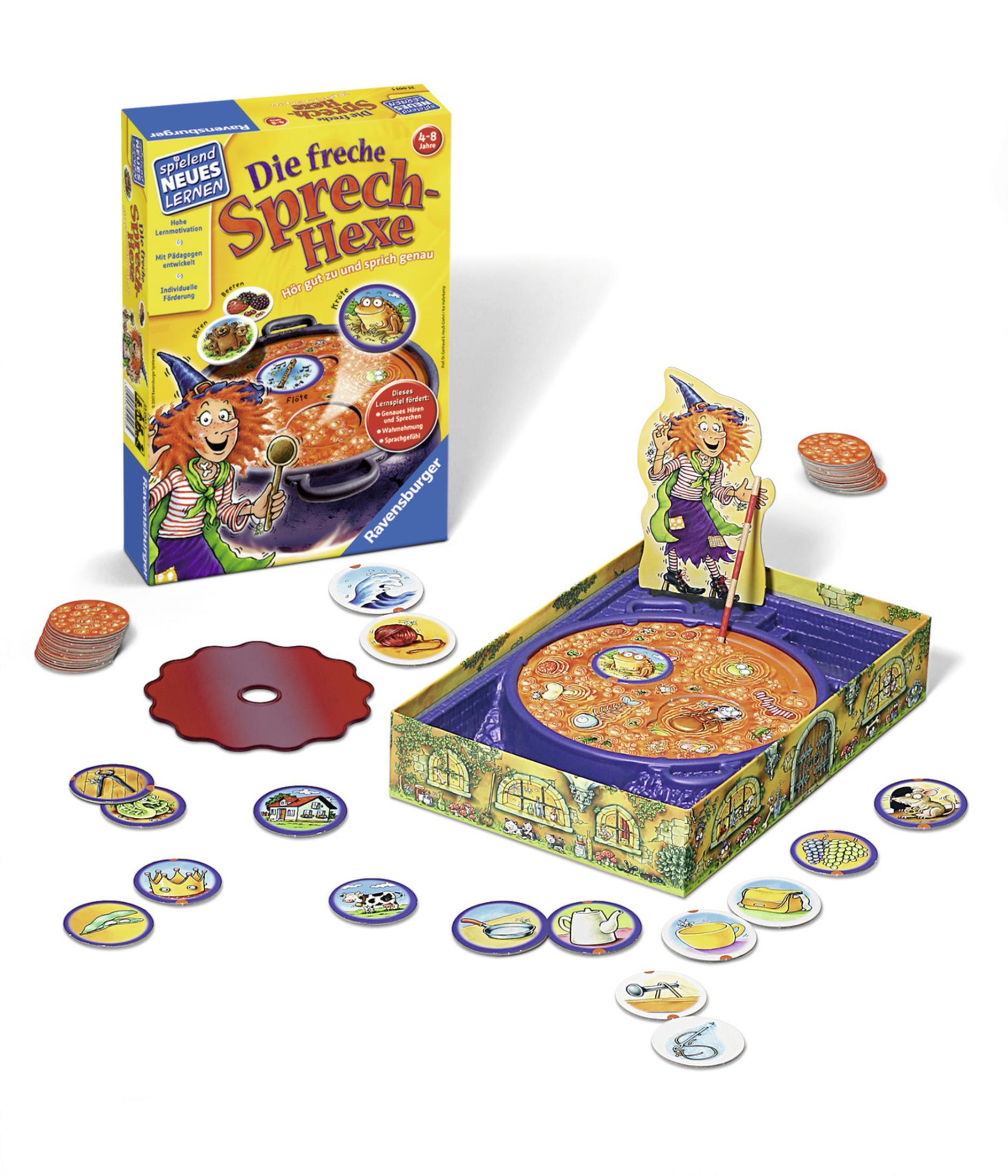Ein Brettspiel mit einer Cartoon-Hexe, Spielsteinen und einer Schachtel mit Bildern von Zutaten in einem Kessel.