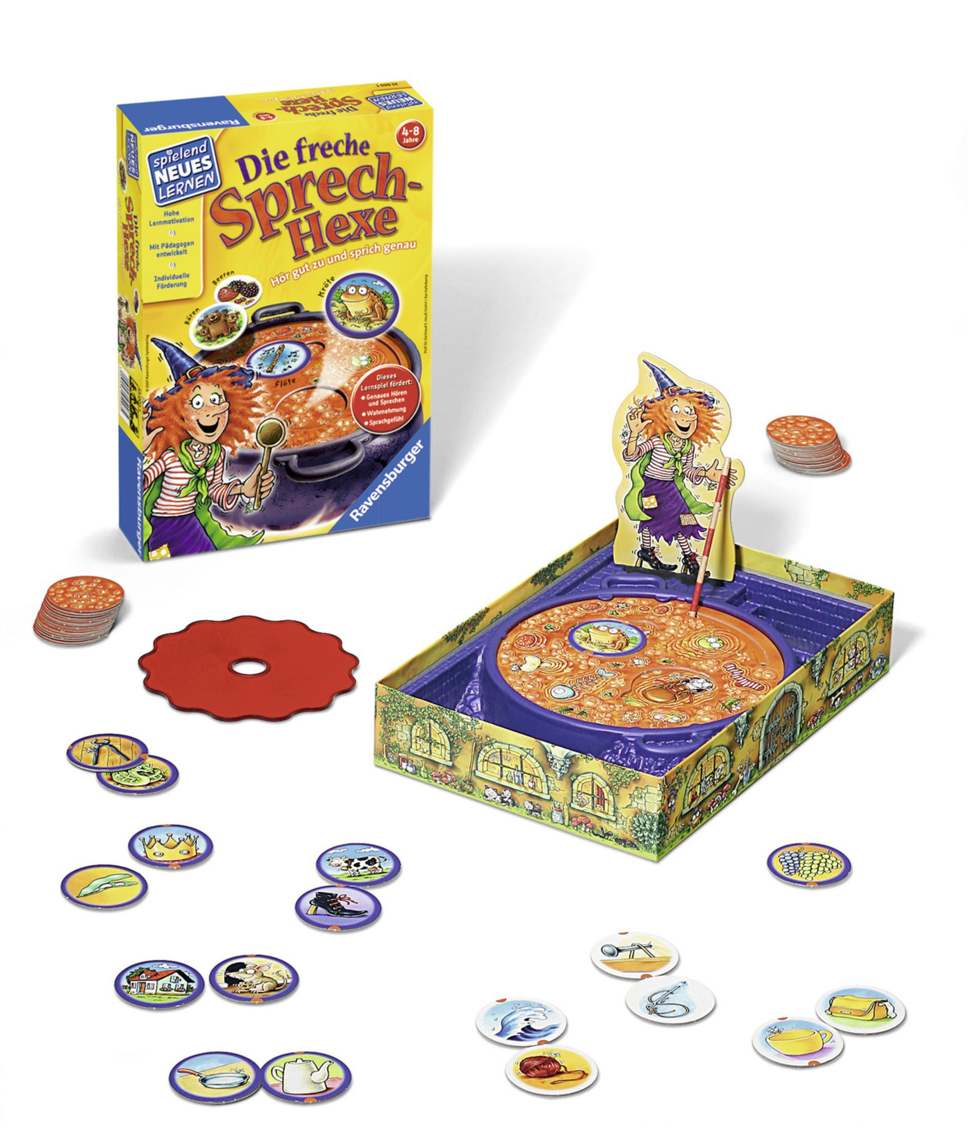 Ein Brettspiel mit einer Cartoon-Hexe, Spielsteinen und einer Schachtel mit Bildern von Zutaten in einem Kessel.