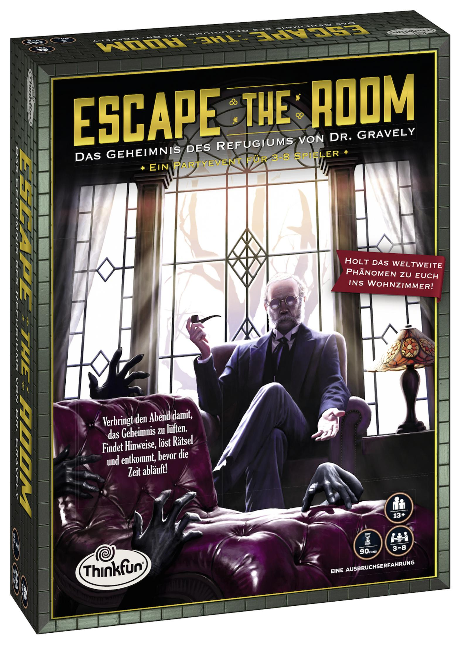 Caja del juego Escape The Room. Hombre en habitación, manos alcanzando, tema oscuro.