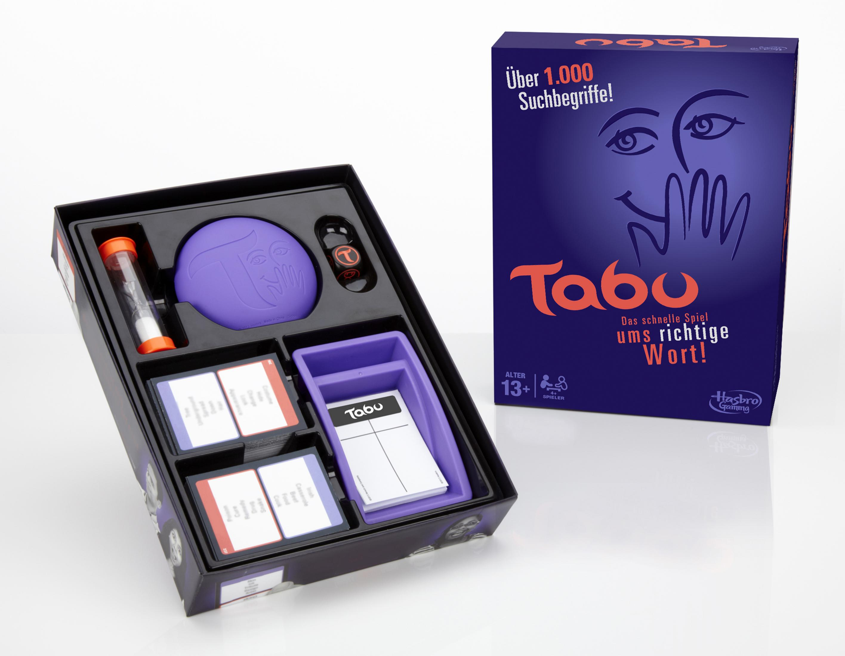 Tabu-Brettspiel mit Karten, Timer und Spielbrett in der Box.