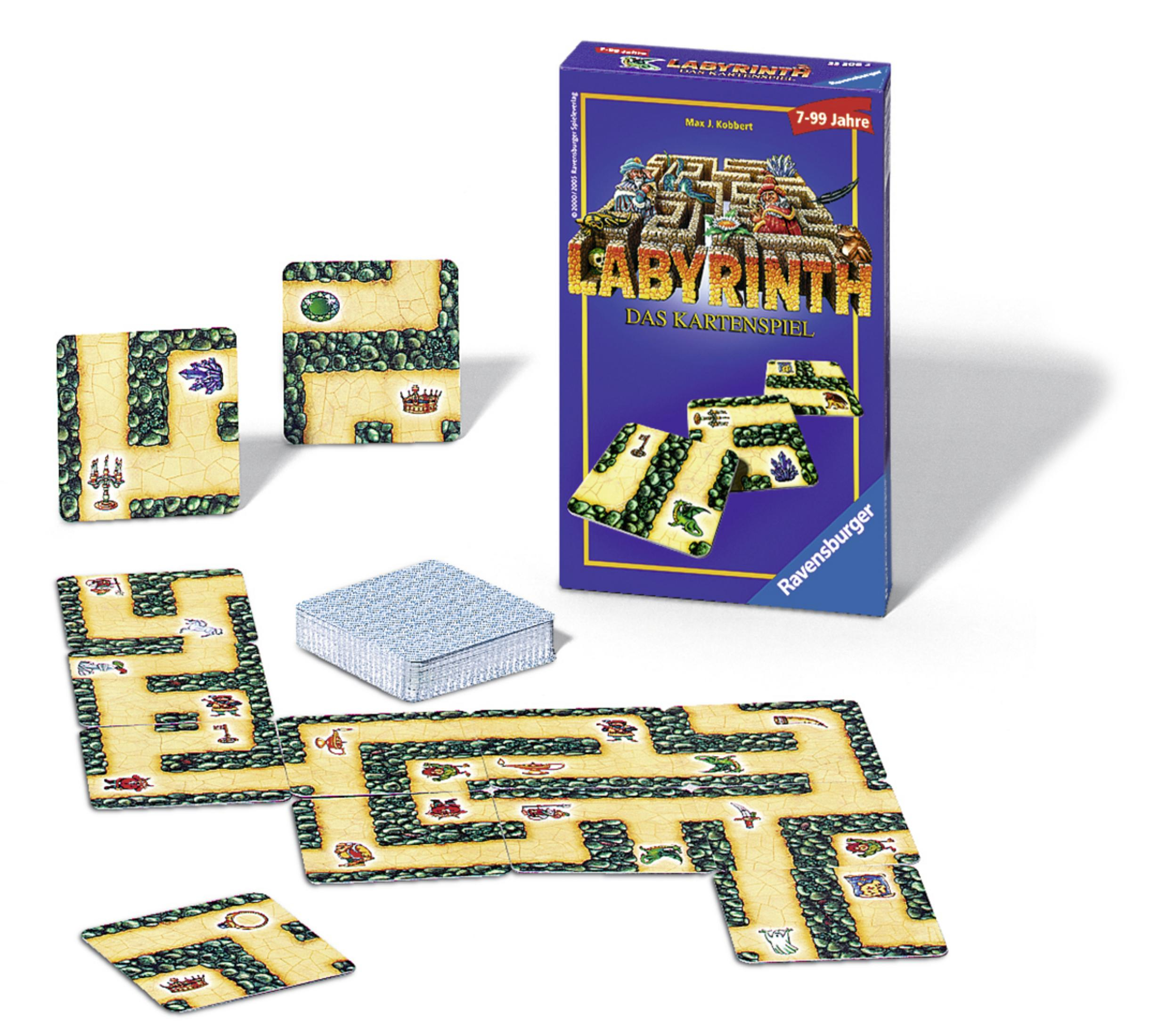 Labyrinth-Brettspiel mit Irrgarten-Kacheln, Karten und Box.