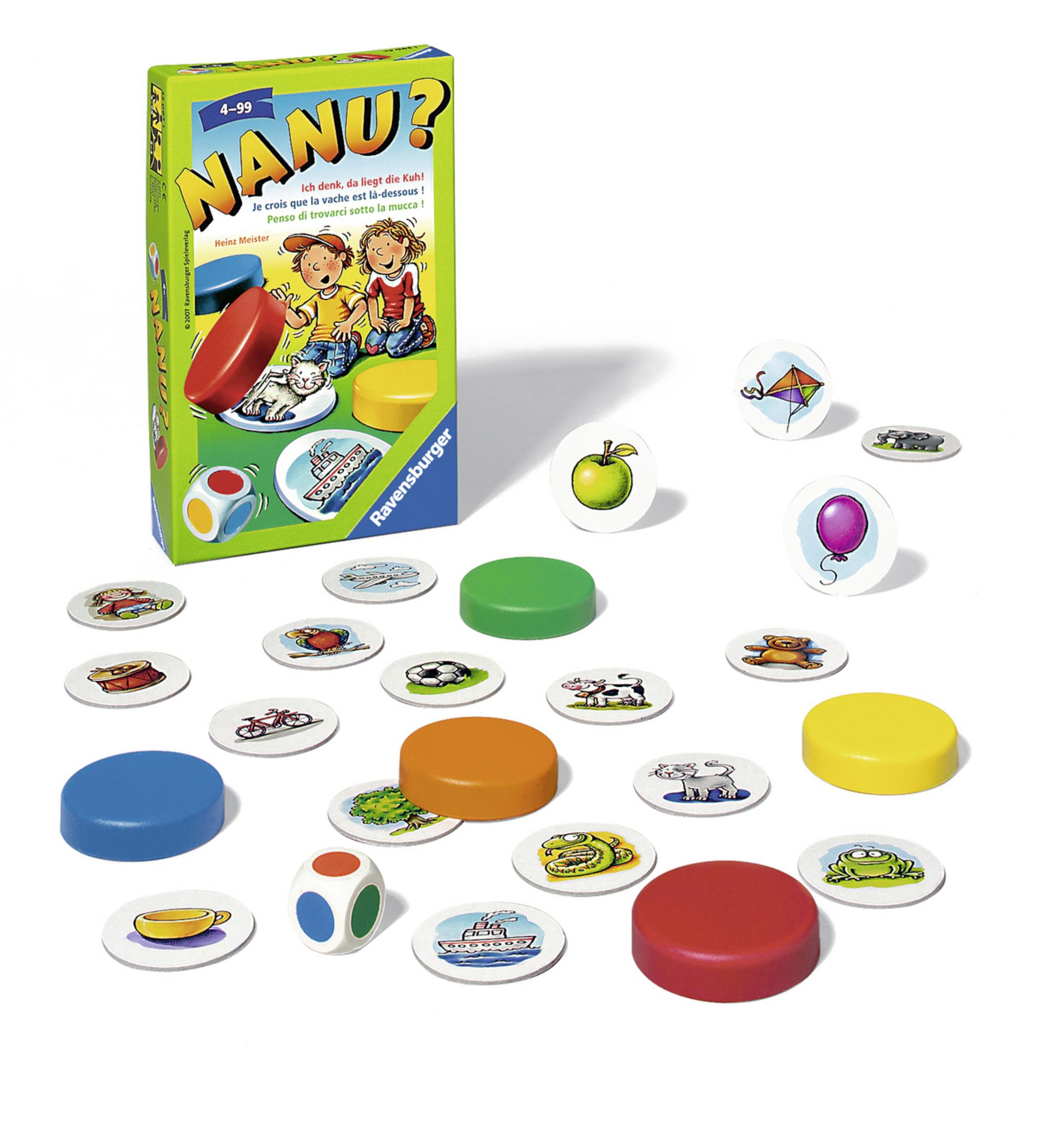 Ein Brettspiel mit bunten Scheiben und einer Schachtel mit Kindern und Tieren.