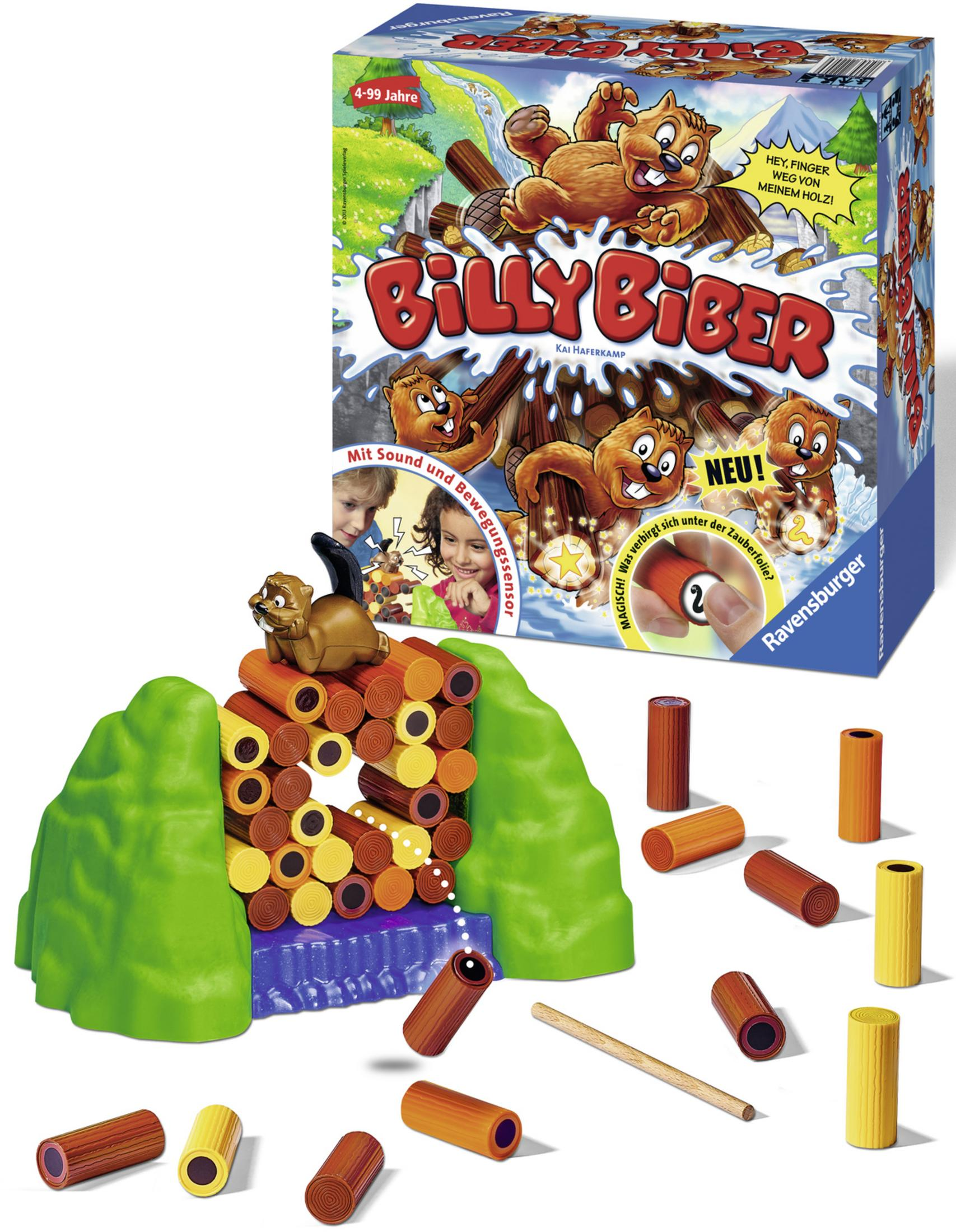 Pudełko gry planszowej Billy Biber i konfiguracja gry. Bobry i kłody. Zabawna gra dla dzieci.