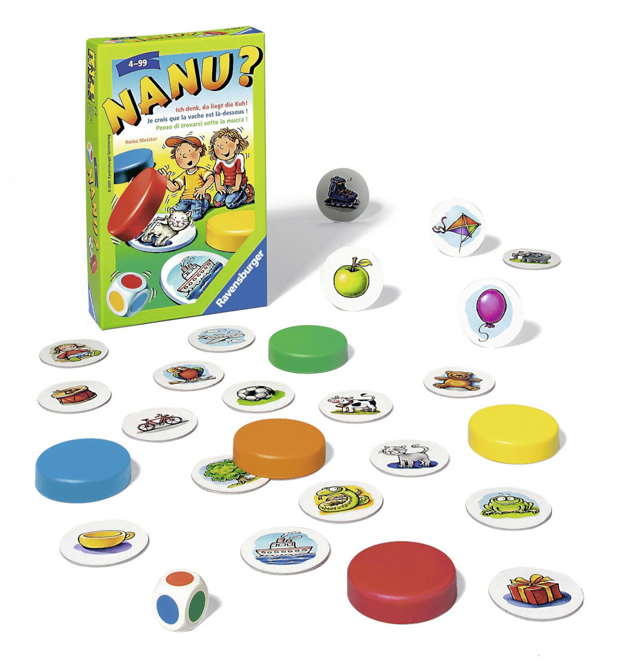 Ein Brettspiel mit bunten Scheiben und einer Schachtel mit Kindern und Tieren.