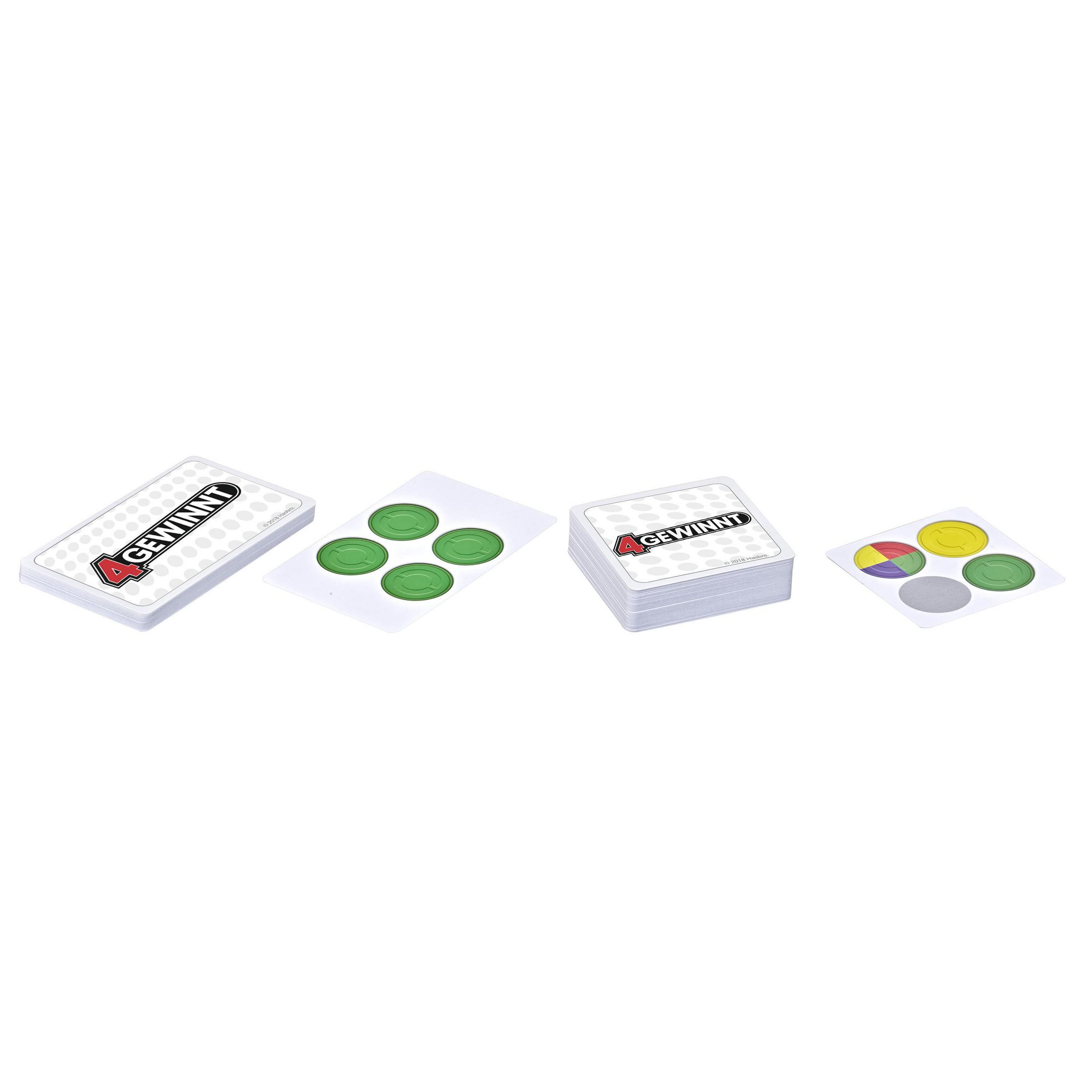 Vier gewinnt Spielteile: weiße und grüne Scheiben, zwei Kartenstapel. Einfaches Layout.